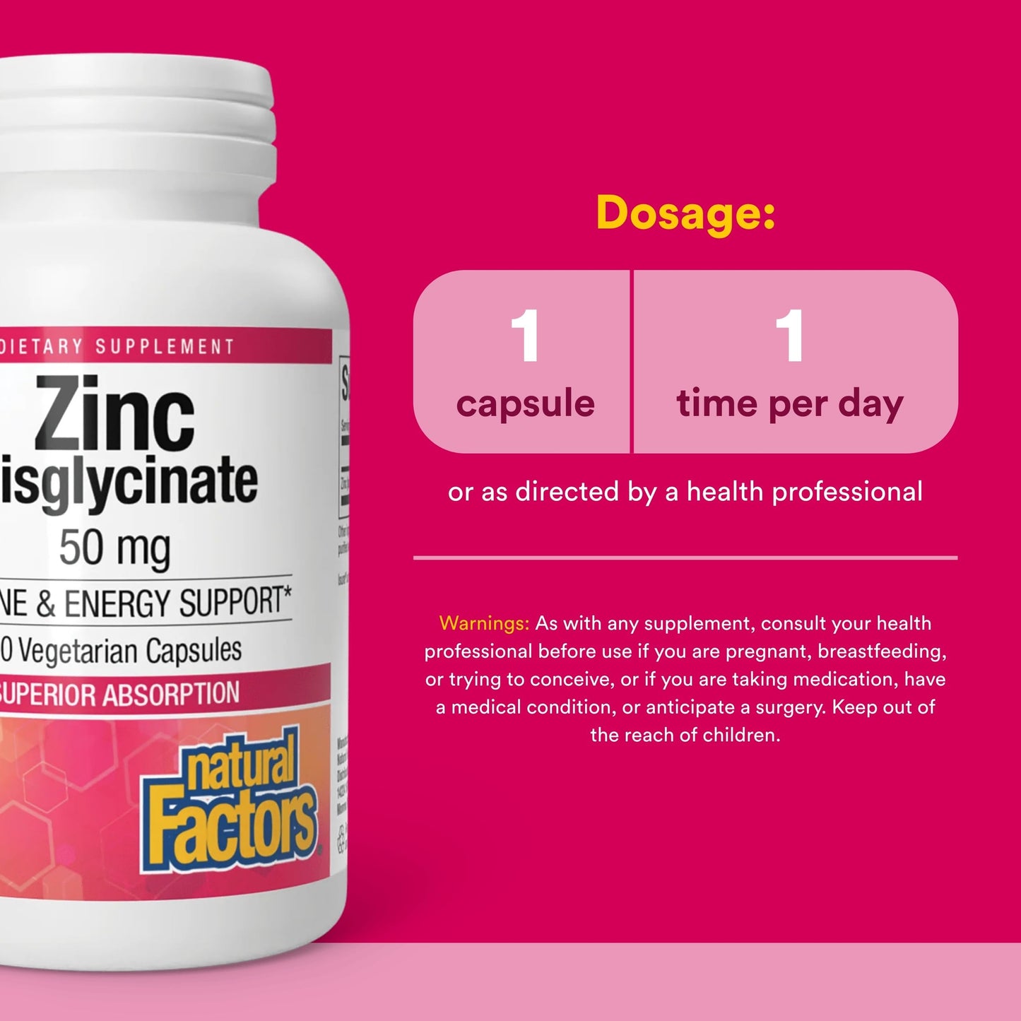 Natural Factors Zinc Bisglycinate 50 mg Capsules, 60 Count