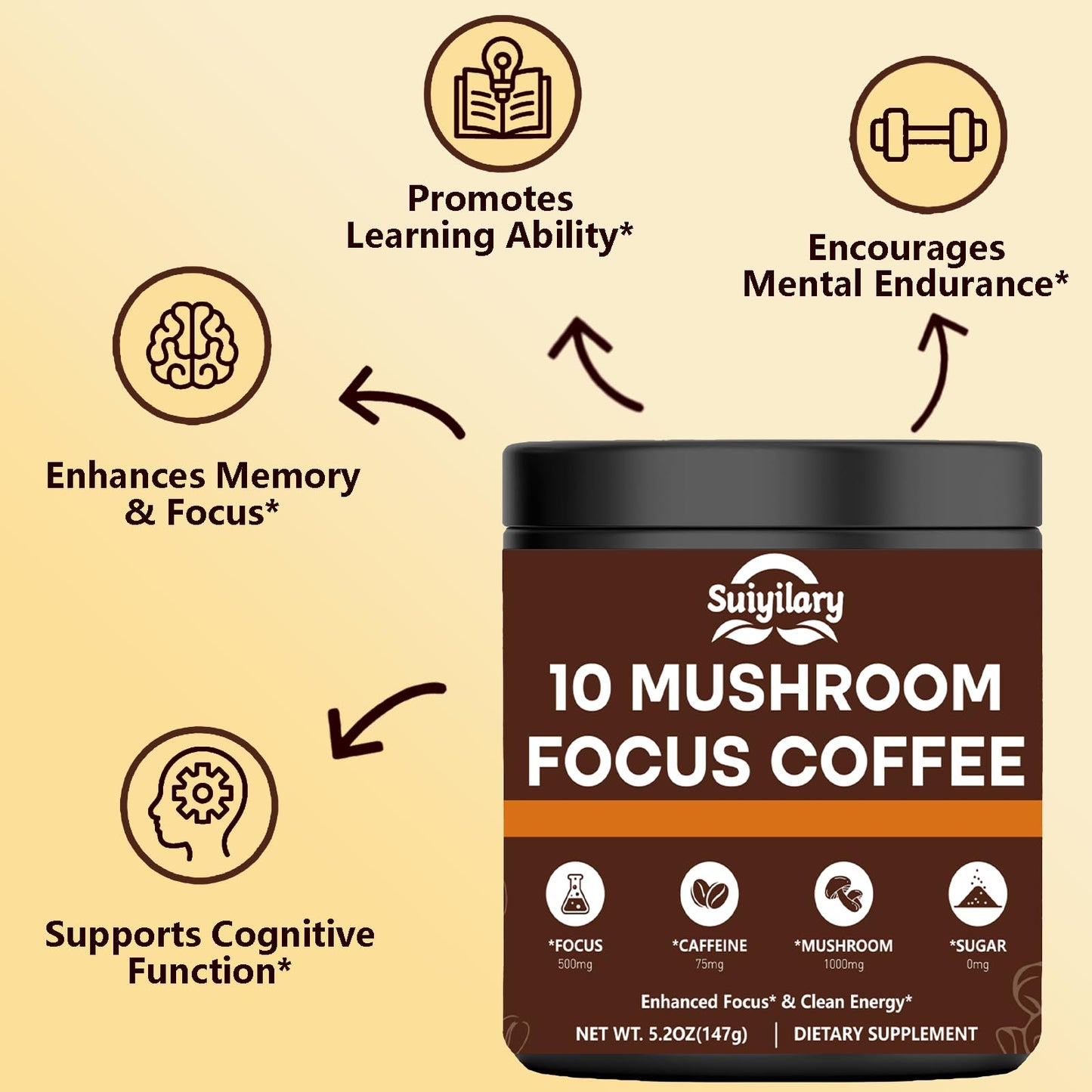 Suiyilary Mushroom Coffee with Focus Lion's Mane Extract Blend, Instant Coffee for Energy, Focus, Memory and Immunity, Powder, 5.2 oz