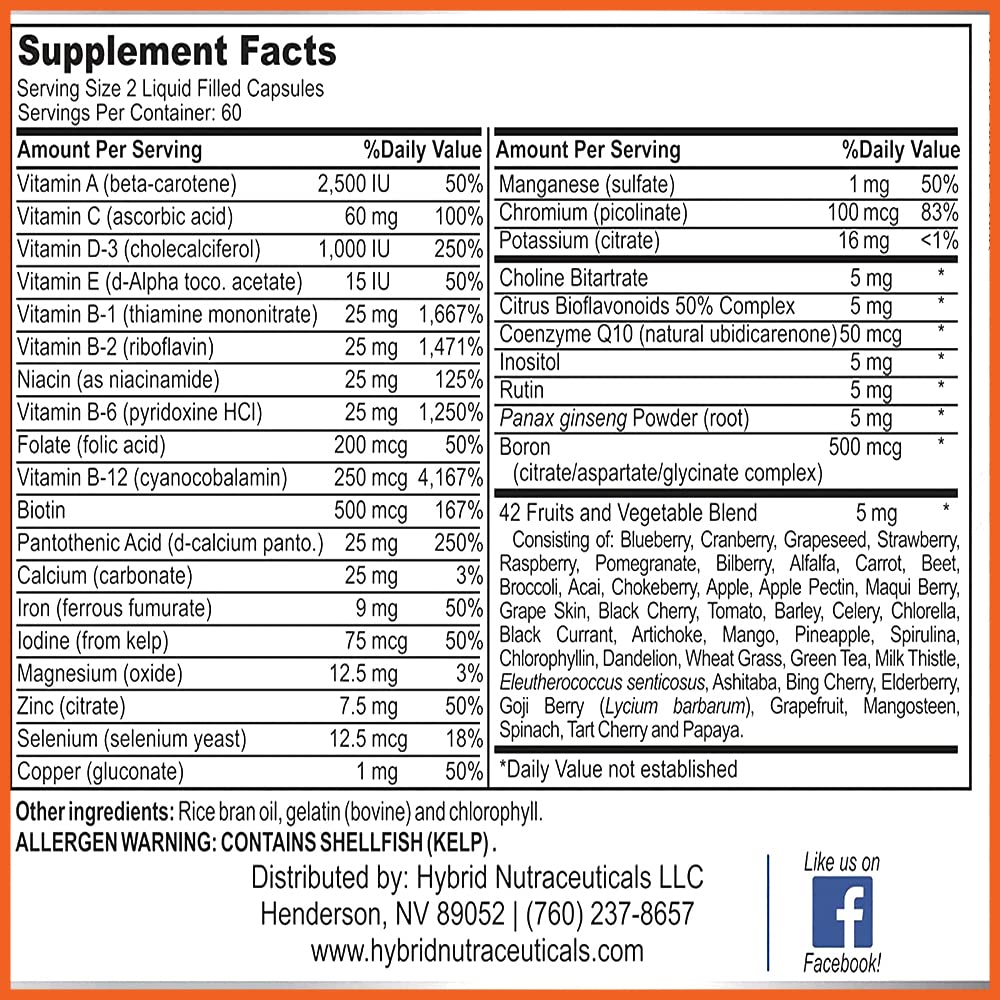 Hybrid Nutraceuticals MiracleMulti Liquid Multivitamin Capsules for Men & Women - Complete Whole Food Blend Daily Vitamin & Mineral Supplement with CoQ10, B12, 42 Superfood Enzyme, 120 Capsules