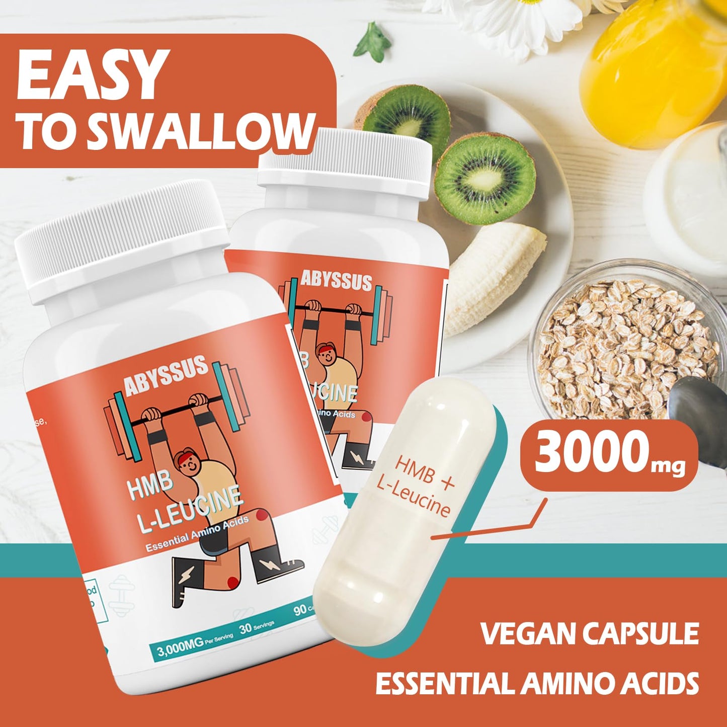 ABYSSUS HMB & Leucine 3000mg Capsules, Muscle Health Support, 90 Capsules