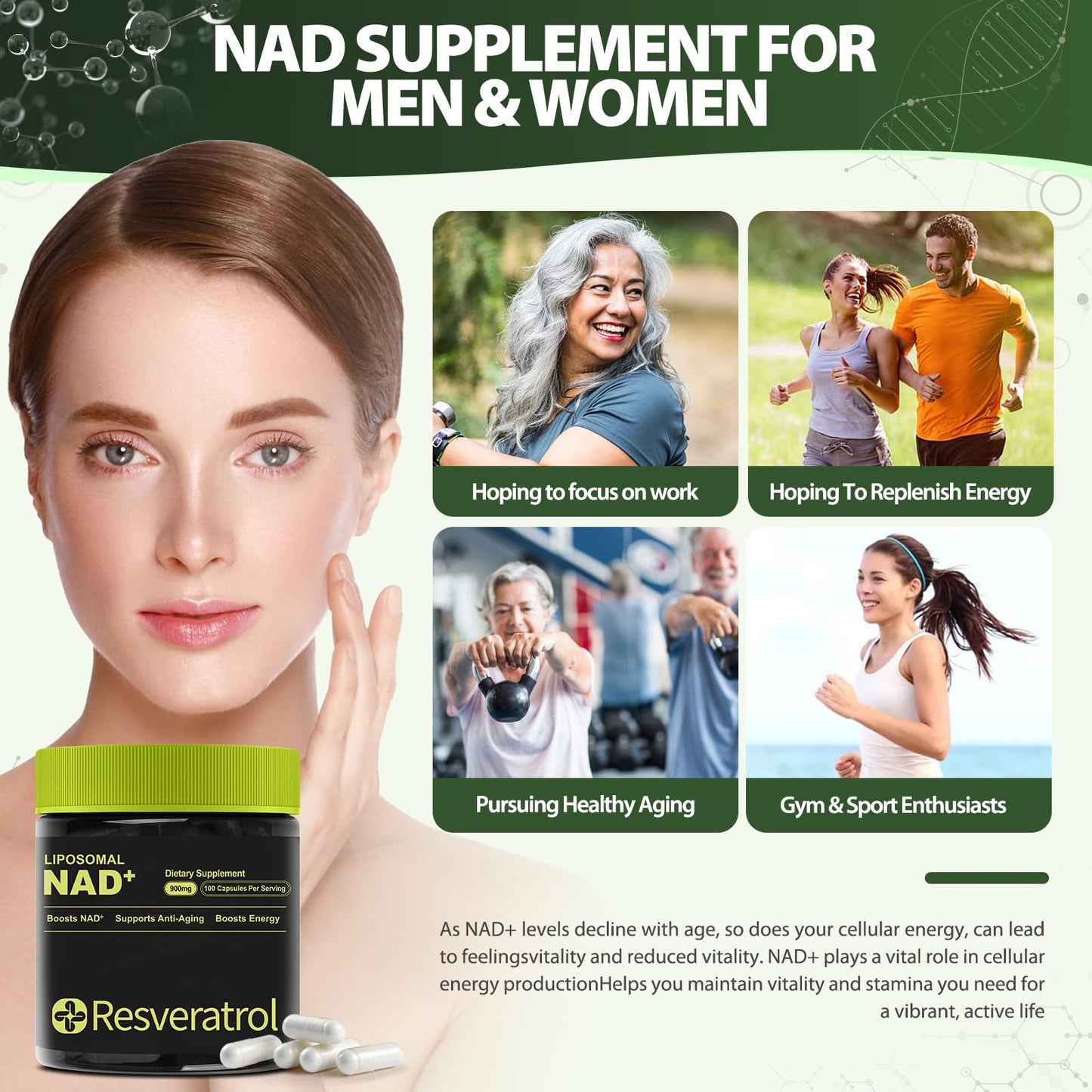 BOSNETHUINH NAD+ NAD Nicotinamide Riboside Resveratrol Liposomal NAD NMNH Supplement, 200 Capsules