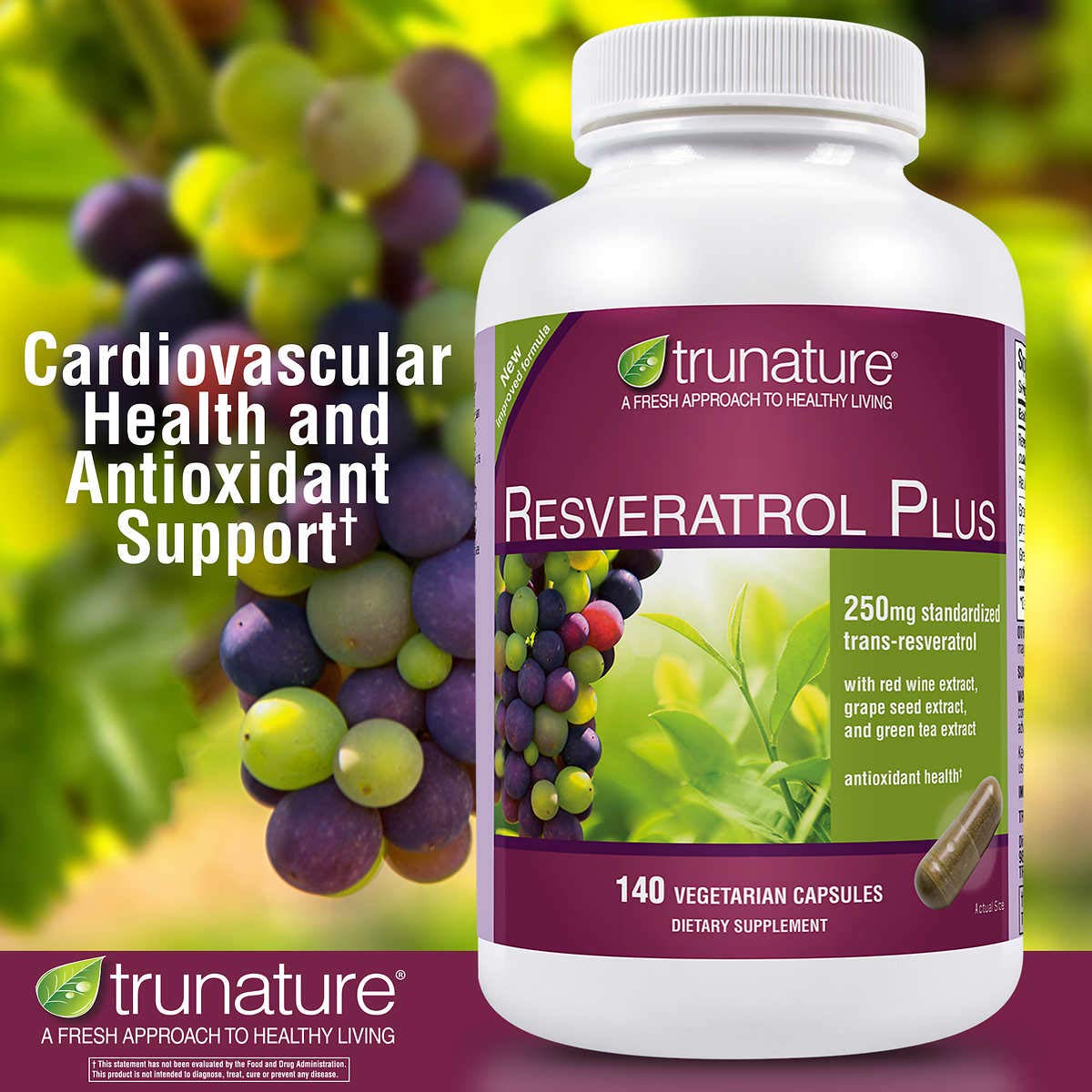 Generic Trunature Resveratrol Plus Standardized Trans-Resveratrol 250 mg, 140 Capsules