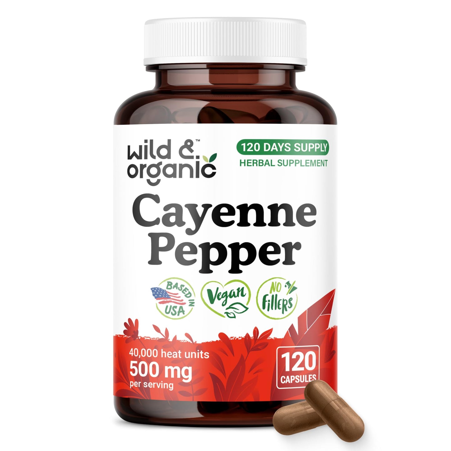 Wild & Organic Cayenne Pepper Capsules 500 mg Digestive Support Pure Cayenne Pepper Extract Capsaicin Supplements Vegan No Fillers Non-GMO, 120 Capsules