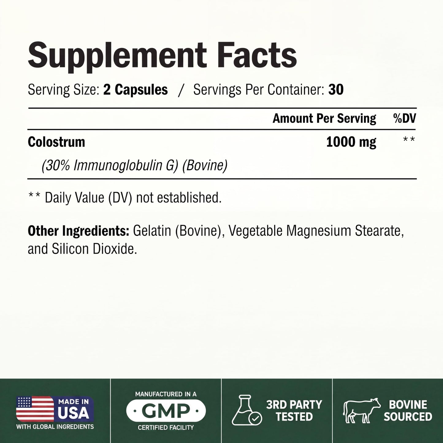 Vimerson Health Colostrum 1000mg Standardized 30% IgG Immune & Gut Health Support High-Potency Bovine Colostrum Supplement, Capsule, 60 Count