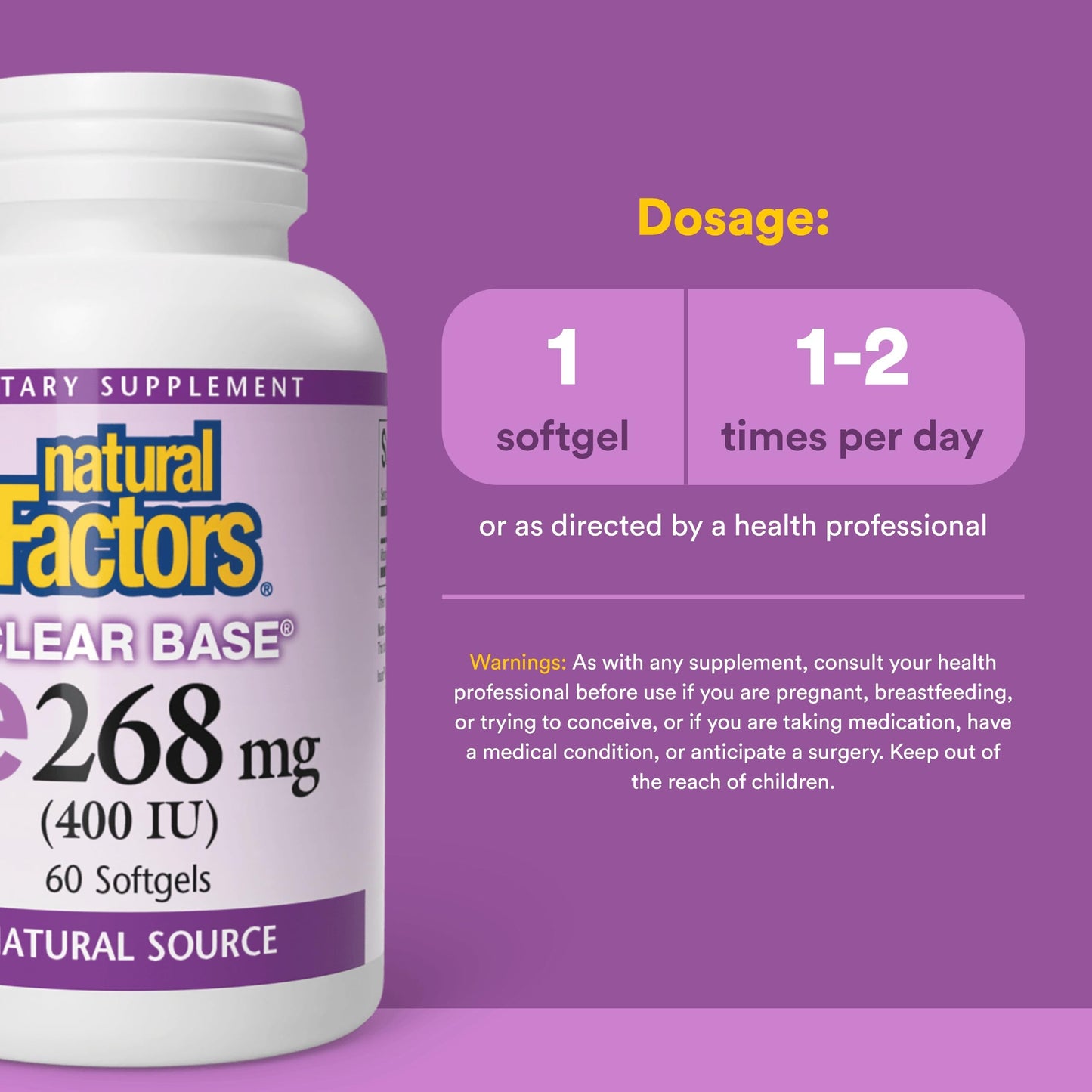Natural Factors Clear Base Vitamin E 400 IU Softgels, 60 Count