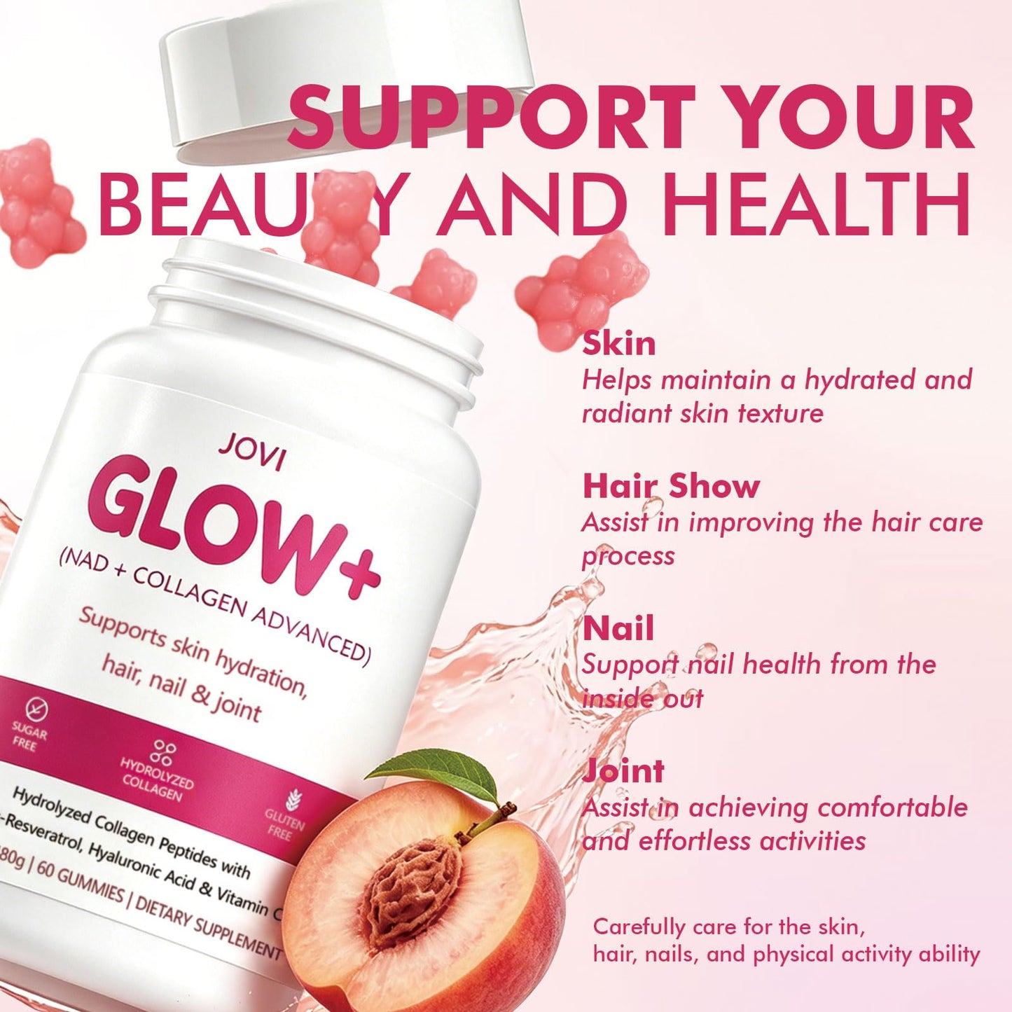 KFASJON Jovi Glow+ NAD+ Hydrolyzed Collagen for Women, Skin Hair Nails Gummy 60 Count