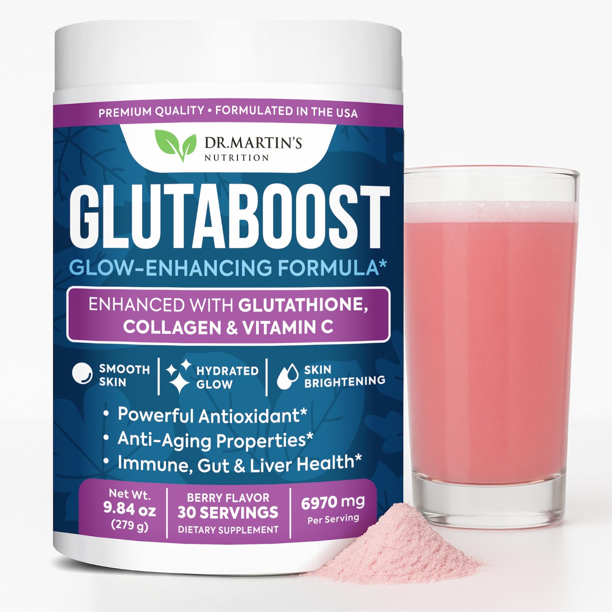 DR. MARTIN'S NUTRITION 6970mg Glutathione for Skin Brightening, Collagen & Vitamin C Powder, 9.84 Ounce