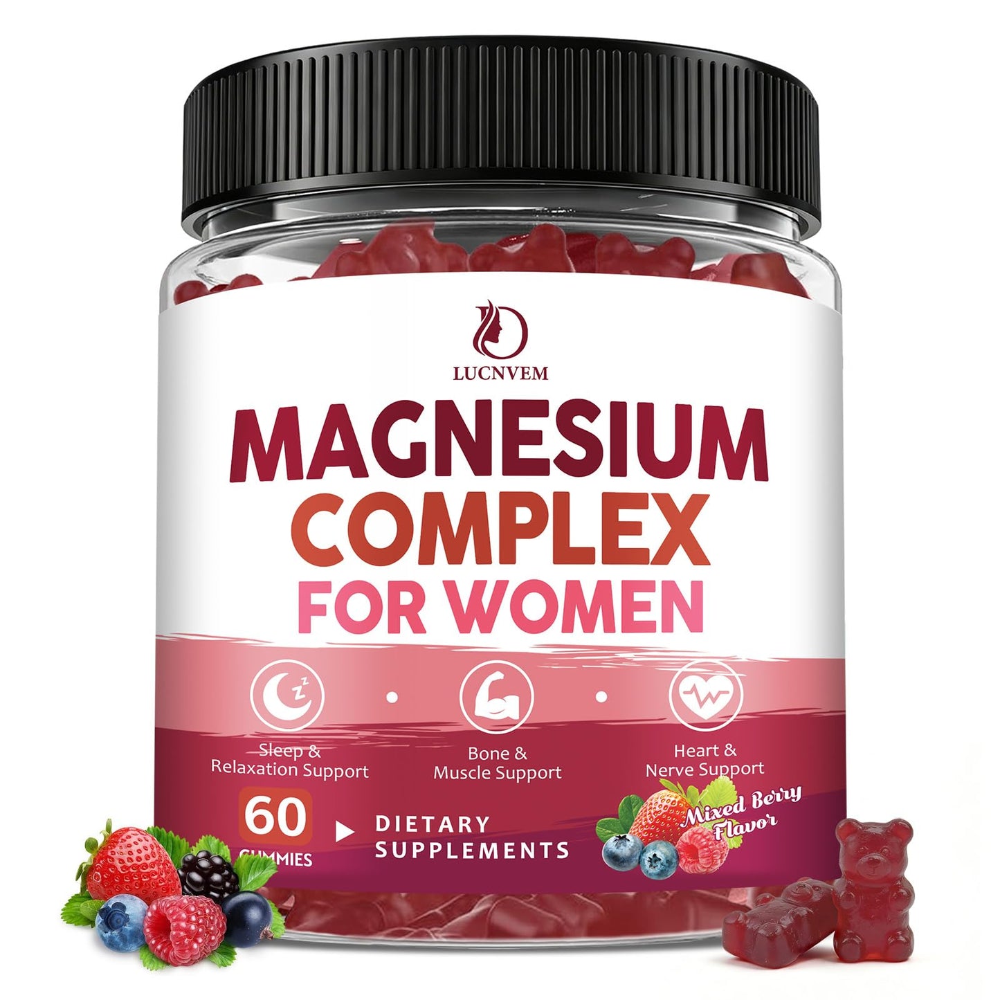 LUCNVEM Magnesium Complex Gummies, Triple Magnesium (Glycinate, Malate, Taurate) 350 mg with L-Theanine & Glycine, 60 Gummies