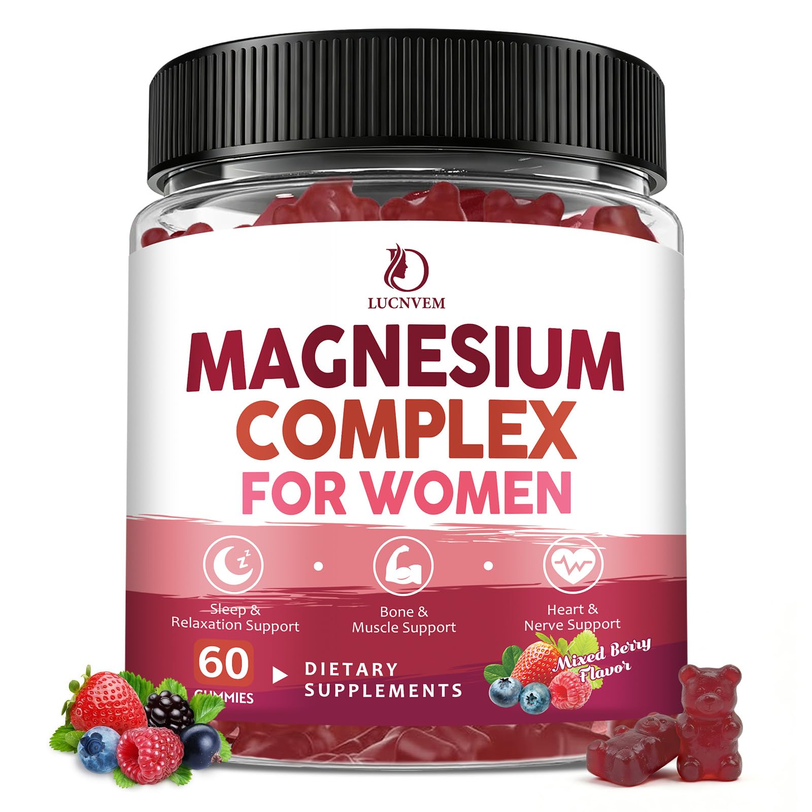 LUCNVEM Magnesium Complex Gummies for Women, Triple Magnesium Complex with Glycinate, Malate & Taurate, 350 mg, 60 Count