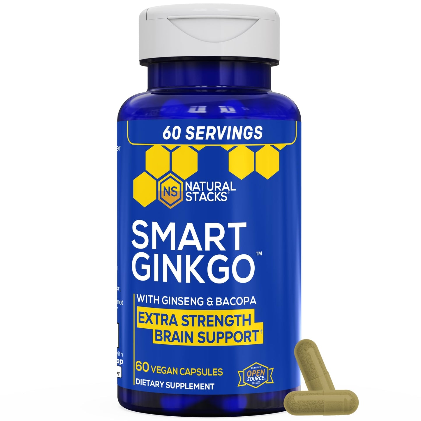 Natural Stacks Ginkgo Biloba Supplement with 200mg Panax Ginseng & 200mg Bacopa Monnieri – Brain Health & Focus Support – 60 Capsules