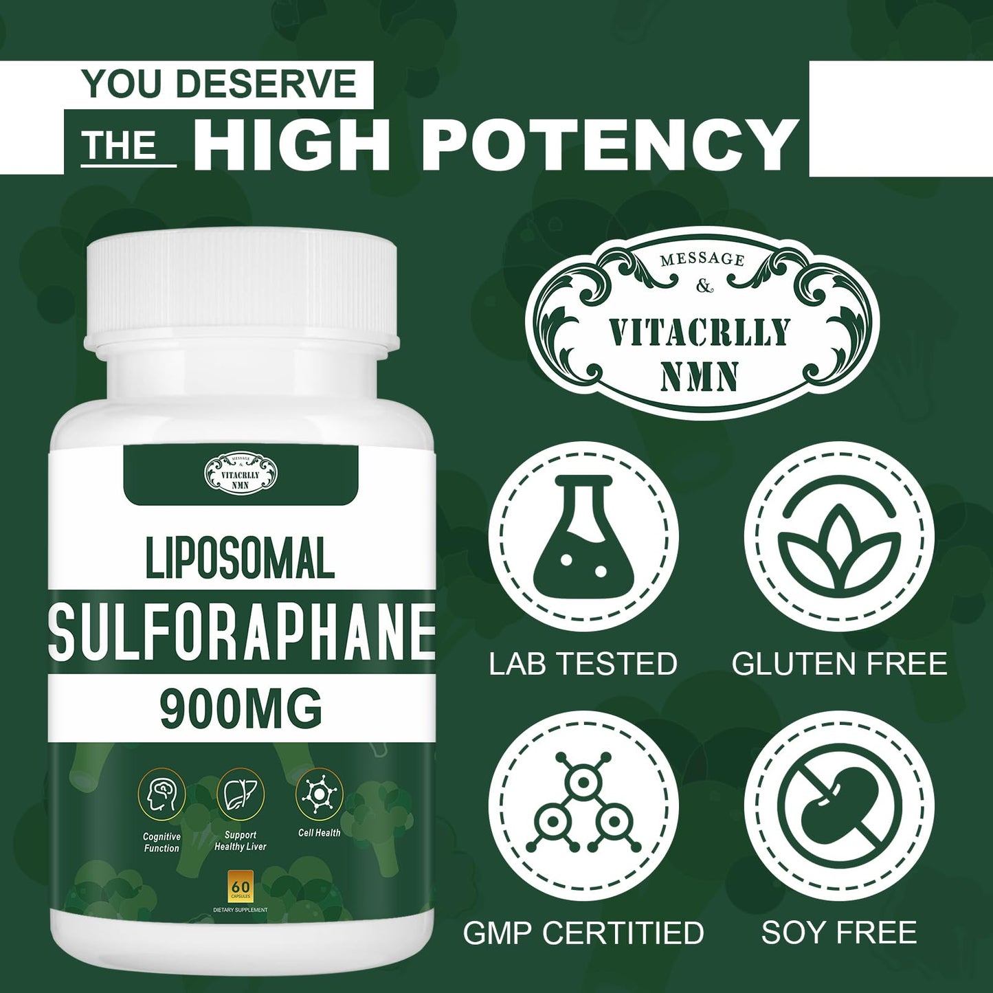 VITACRLLYNMN 900MG Liposomal Sulforaphane Supplement Broccoli Extract Capsule, 180 Capsules