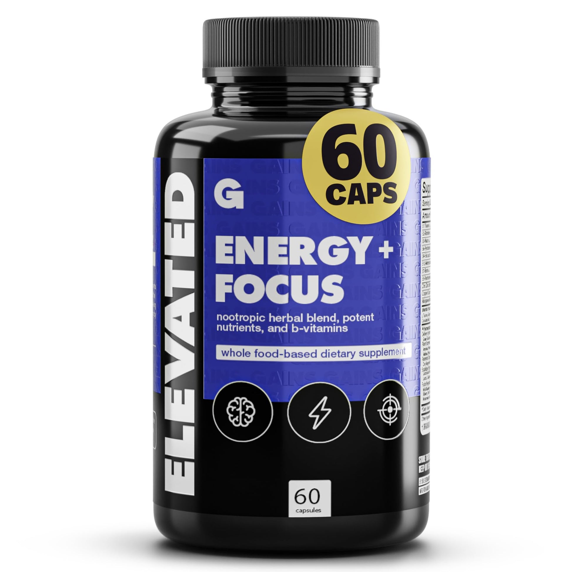 GAINS IN BULK Elevated Nootropic Herbal Energy Supplements with Ginkgo Biloba, B Vitamins, DMAE, Clean Energy & Focus, Vegan, Supports Digestive Health & Cognitive Brain Health, 90 Capsules
