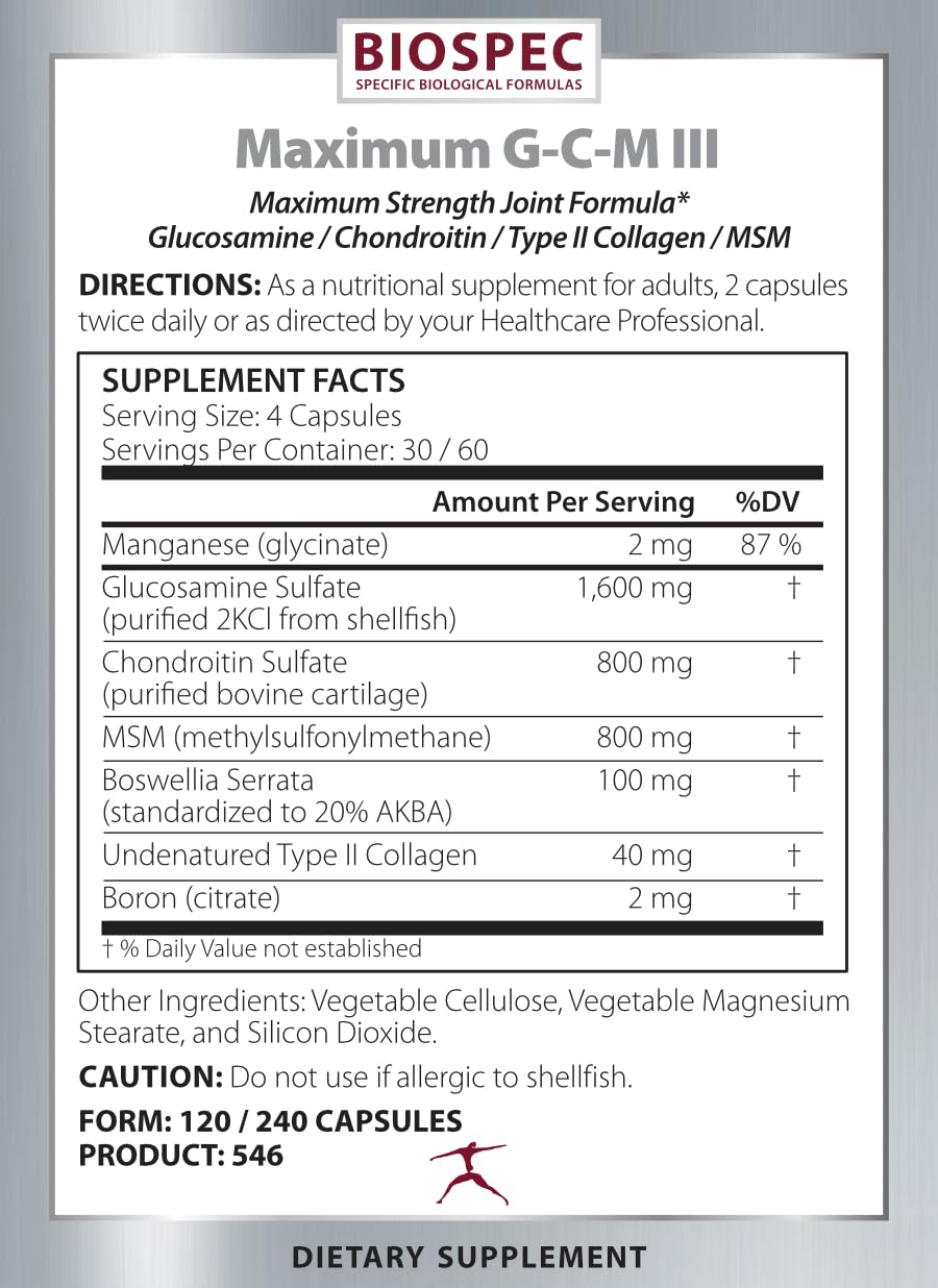 BIOSPEC NUTRITIONALS Maximum G-C-M III - glucosamine, chondroitin, MSM, Boswellia (20% AKBA) Capsule 240 Count