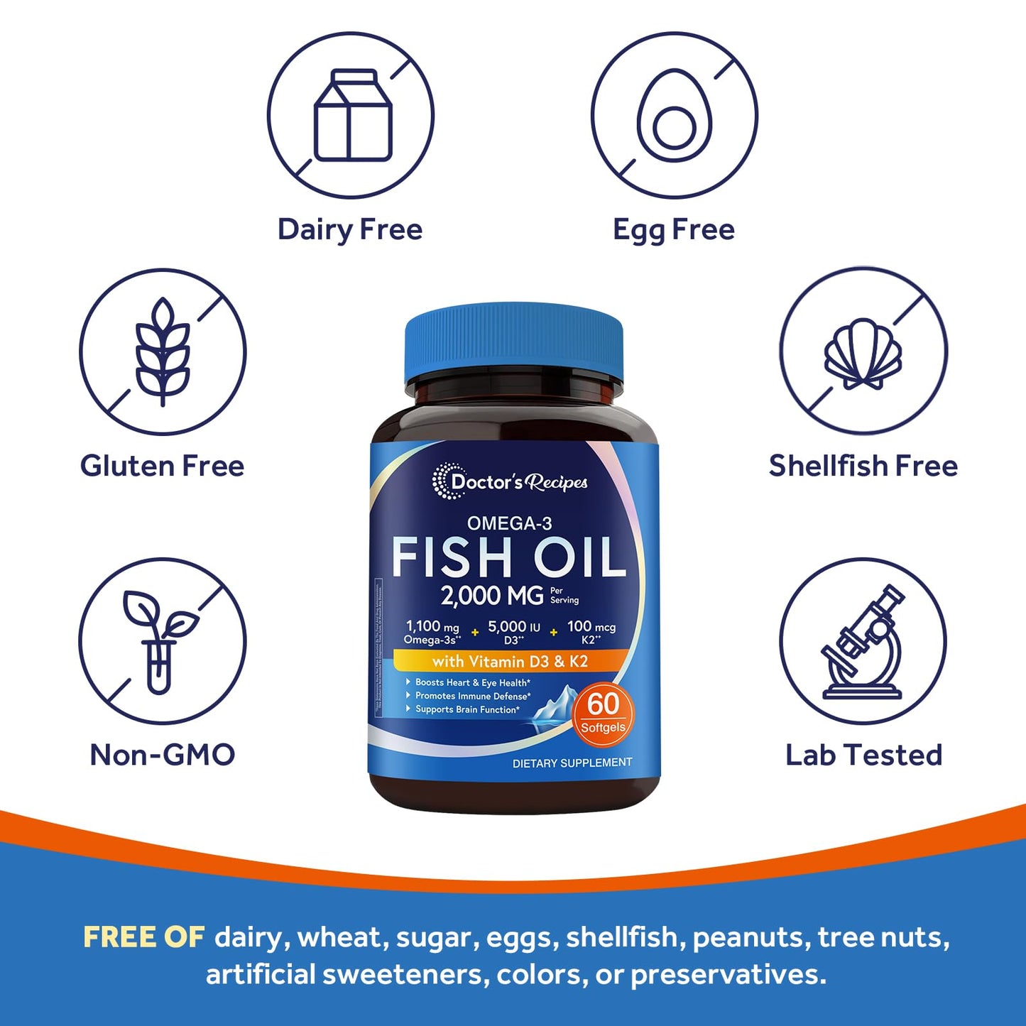 Doctor's Recipes Omega-3 Fish Oil with Vitamin D3 K2 Softgels, 60 Softgels