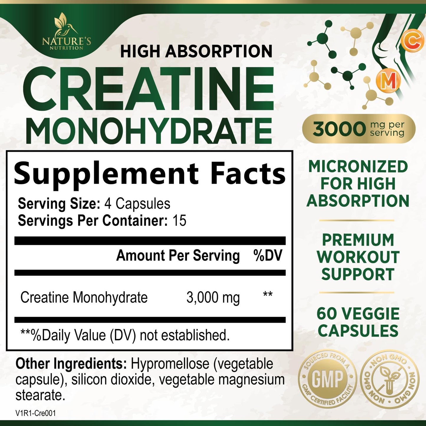 Nature's Nutrition Creatine Monohydrate 3000mg Micronized Creatine Capsule, 60 Capsules