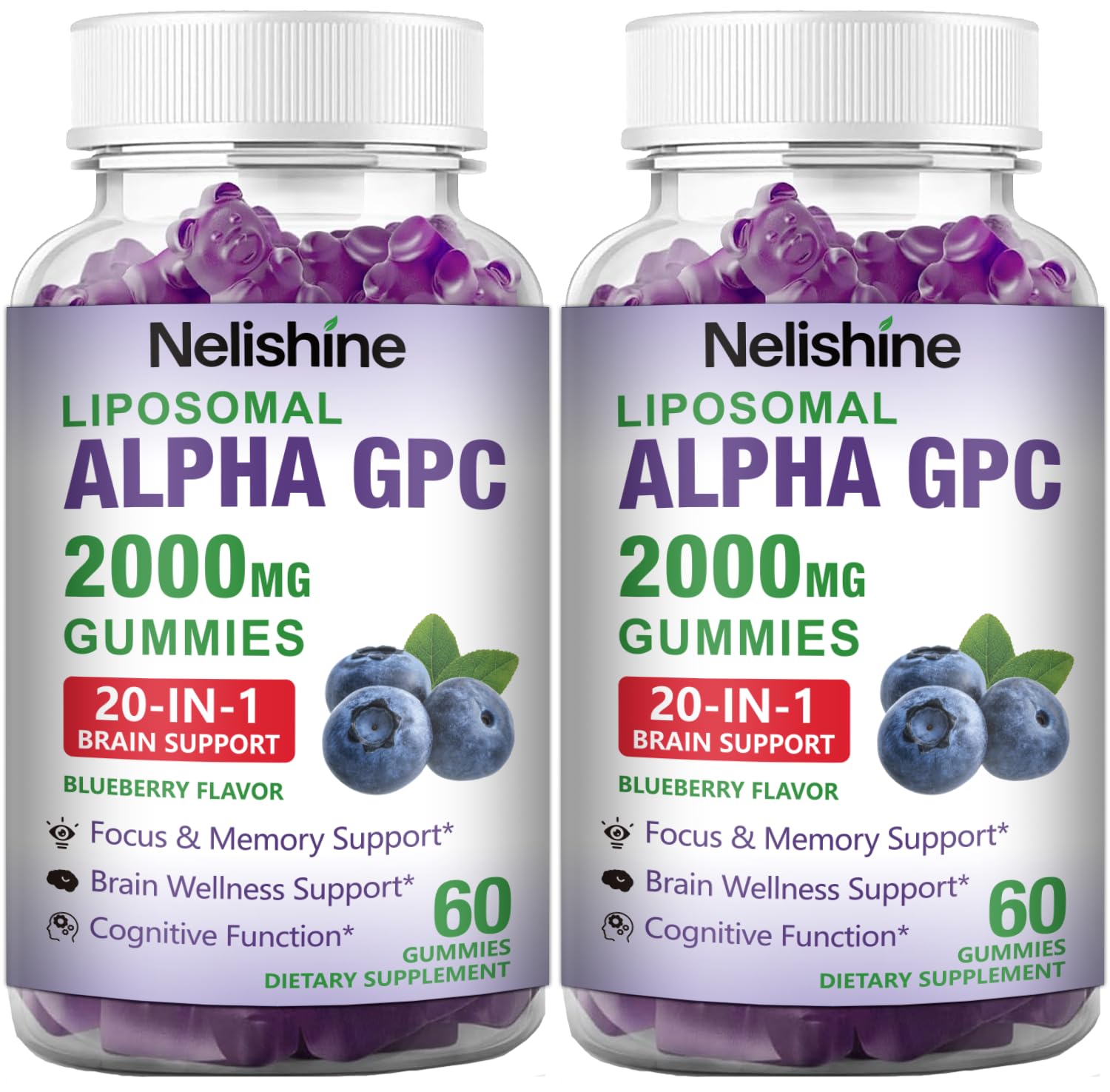 Nelishine Liposomal Alpha GPC 2000mg & Citicoline Gummies Complex, 20-in-1 Blend for Focus, Memory & Cognitive Support, 120 Gummies