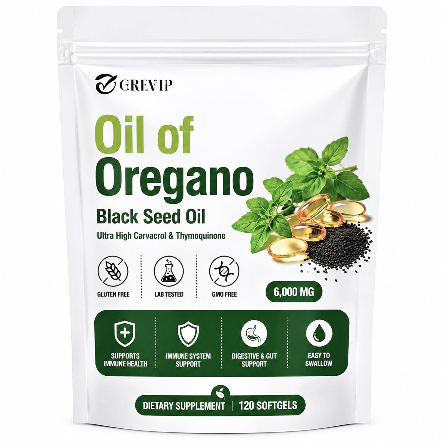 GREVIP Oil of Oregano Softgels with Black Seed Oil, 1 Count