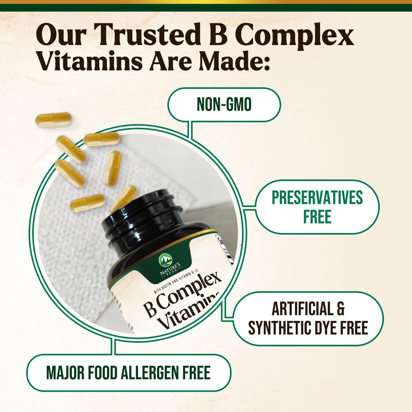 Nature's Peak B Complex Vitamin Supplement with Vitamin C & Folic Acid Capsules, 60 Count