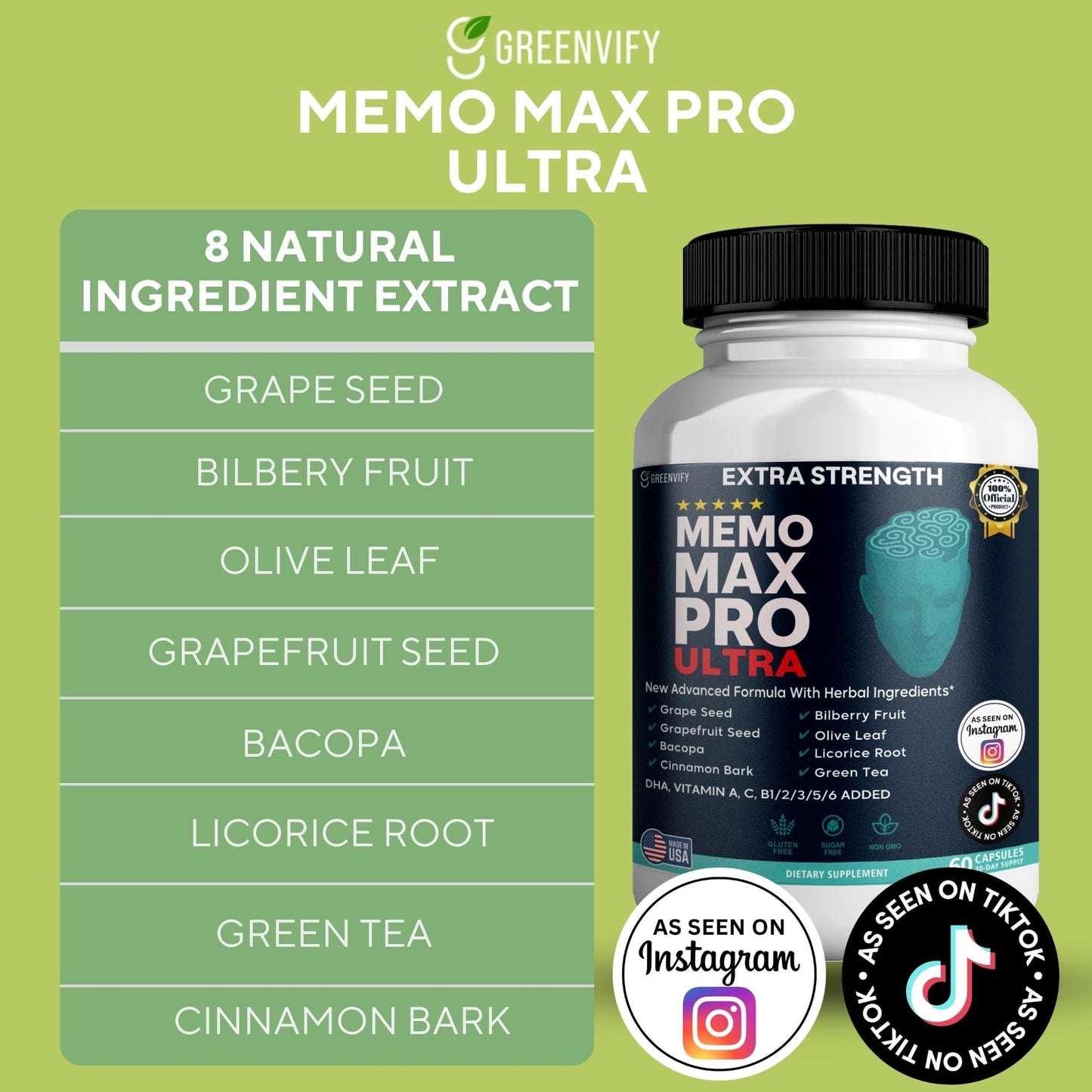 GREENVIFY Memo Max Pro Ultra Memory Support Supplement 60 Capsules