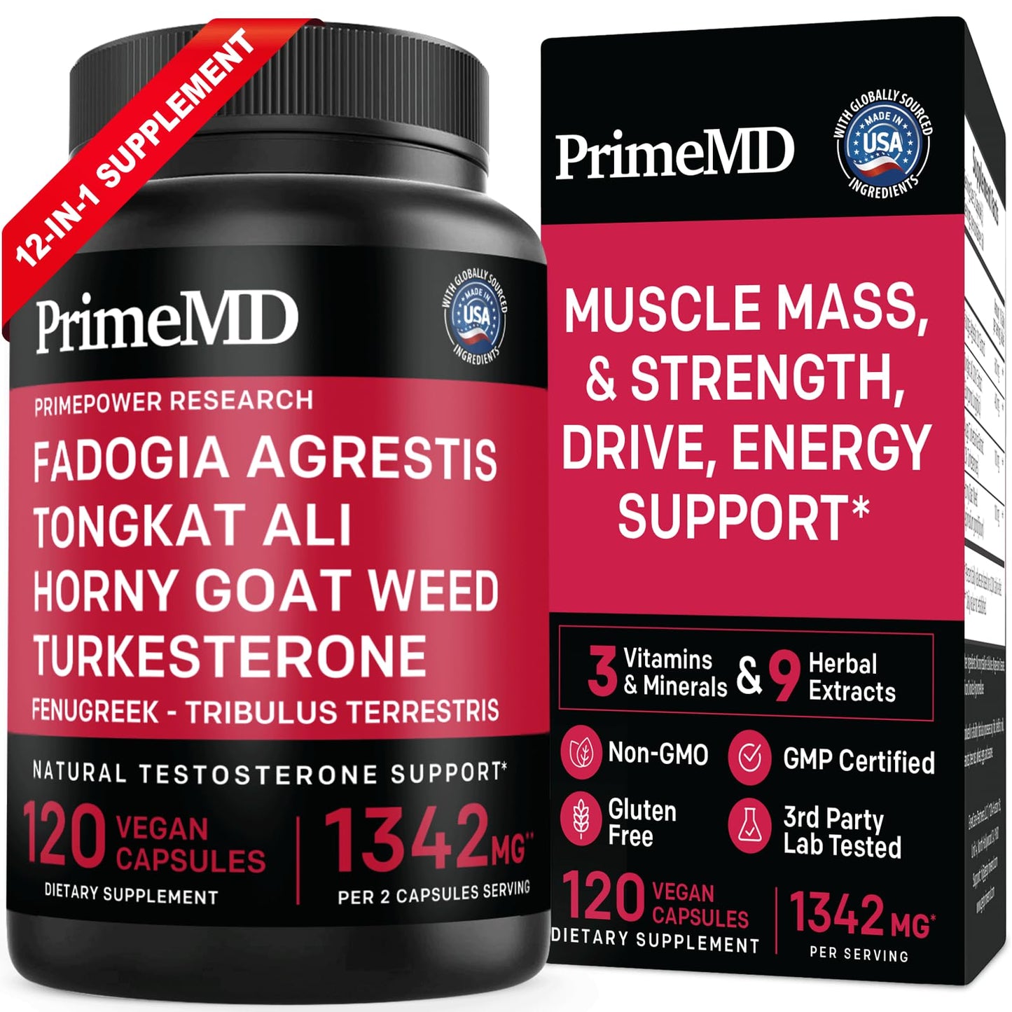 PrimeMD Fadogia Agrestis and Tongkat Ali Supplement for Men - 12-in-1 Testosterone Booster Capsules 120 Count