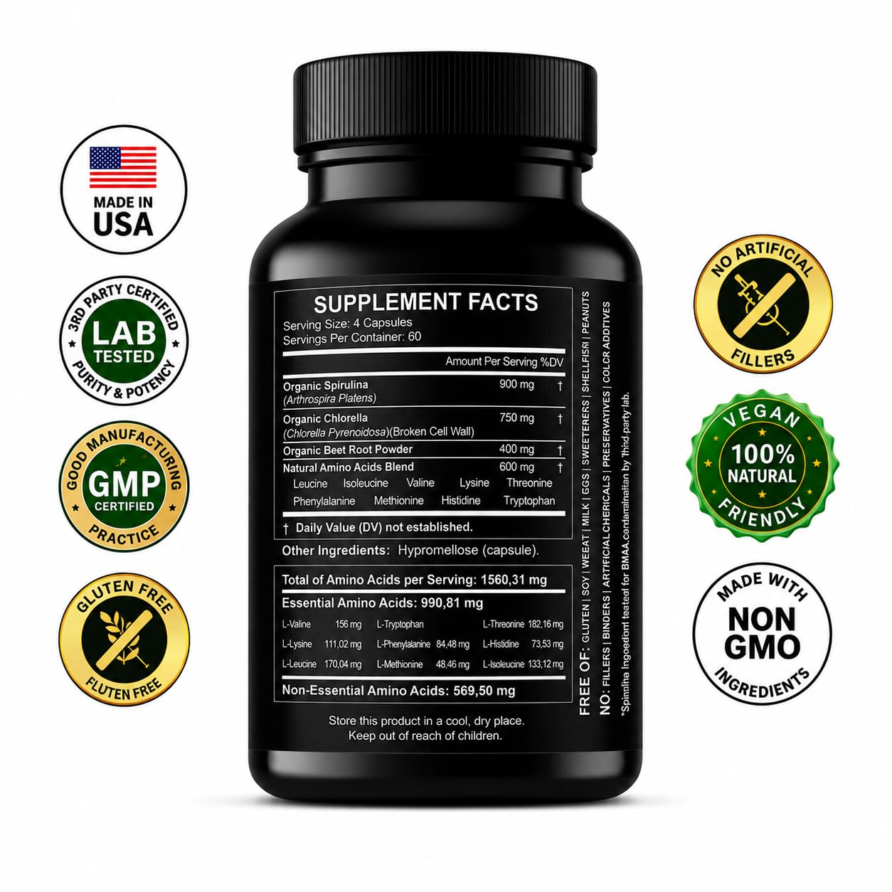HCL Herbal Code Labs Essential Amino Acids Plant Based Supplement Capsules, 240 Count