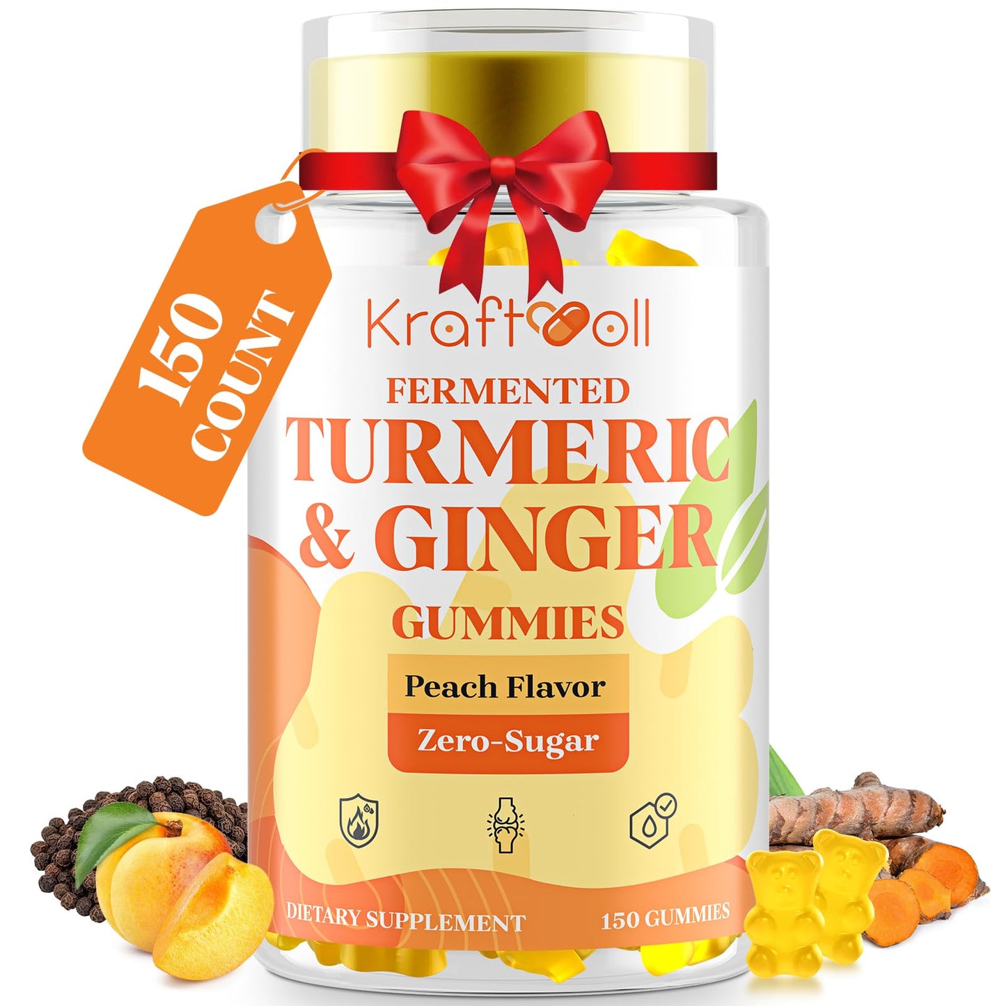 Kraftvoll Turmeric and Ginger Gummies with Black Pepper, Fermented Turmeric for Joint Comfort & Mobility, Sugar-Free with Vitamin D3 + K2, Natural Peach Flavor, 150 Gummies