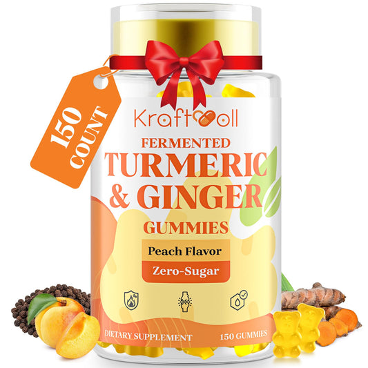 Kraftvoll Turmeric and Ginger Gummies with Black Pepper, Fermented Turmeric for Joint Comfort & Mobility, Sugar-Free with Vitamin D3 + K2, Natural Peach Flavor, 150 Gummies