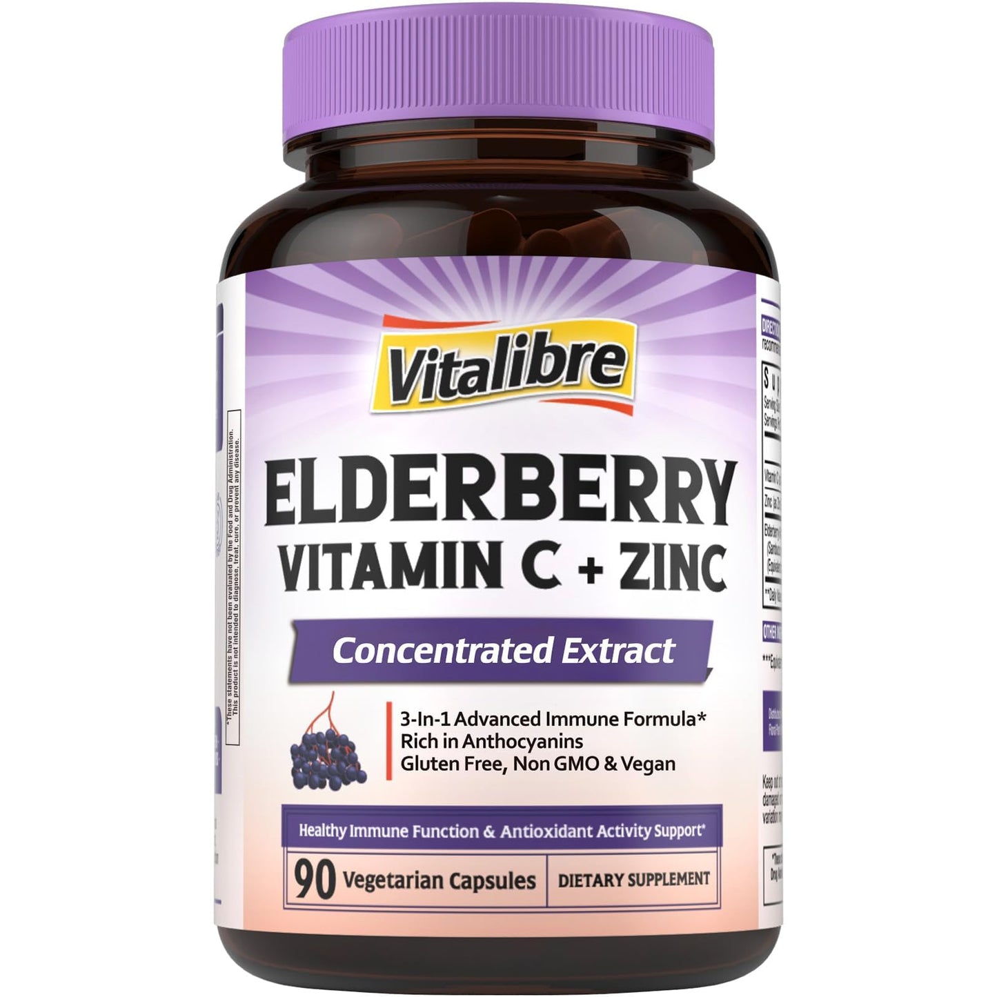 Vitalibre Elderberry Vitamin C and Zinc for Adults, Concentrated Elderberry Extract, 90 Capsules