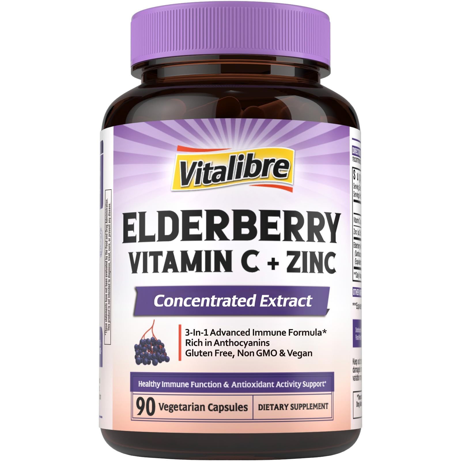 Vitalibre Elderberry Vitamin C and Zinc for Adults, Concentrated Elderberry Extract, 90 Capsules