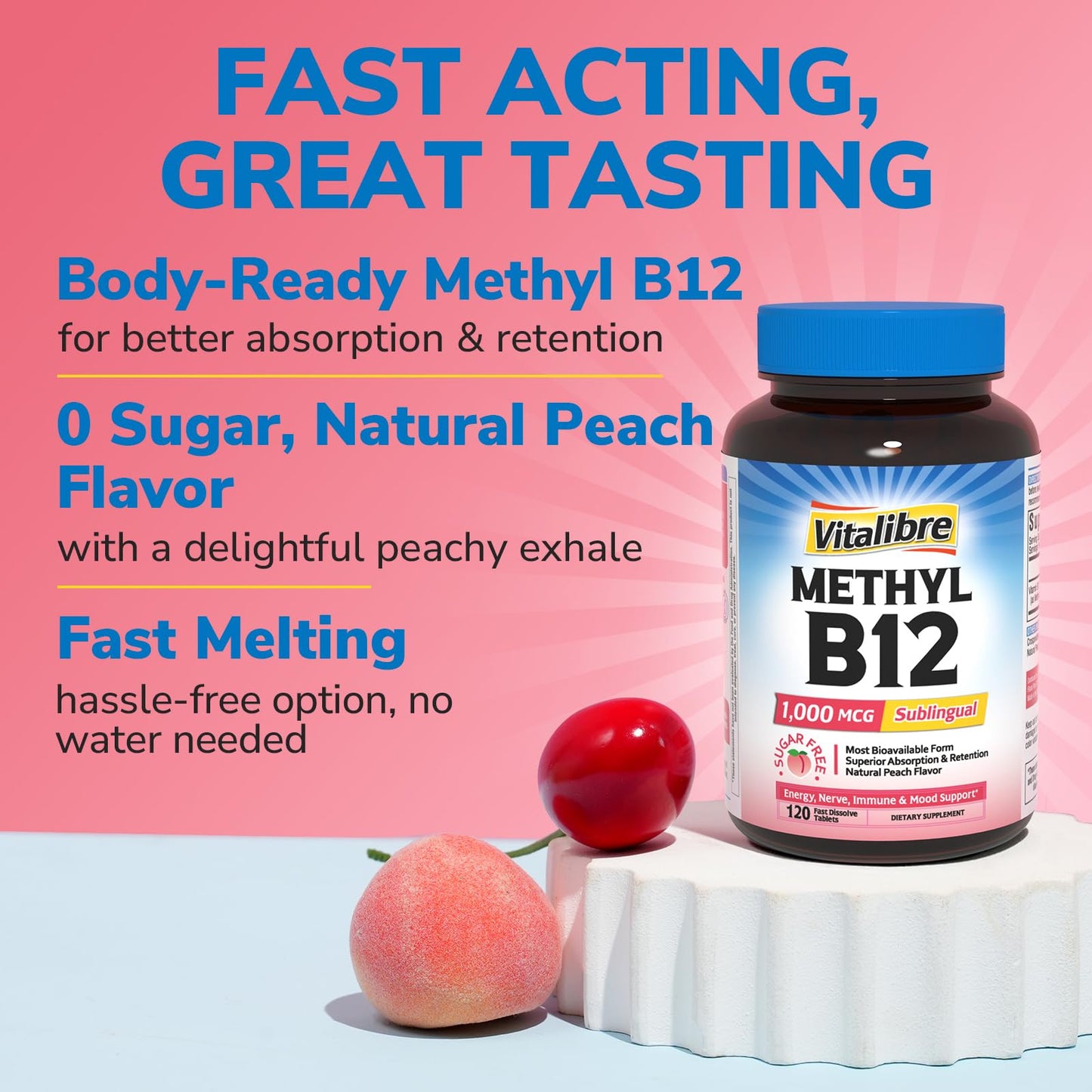 Vitalibre Vitamin B12 1000 mcg Sublingual Methylcobalamin Natural Peach Flavor Nervous System Health Energy Support No Sugar 120 Tablets