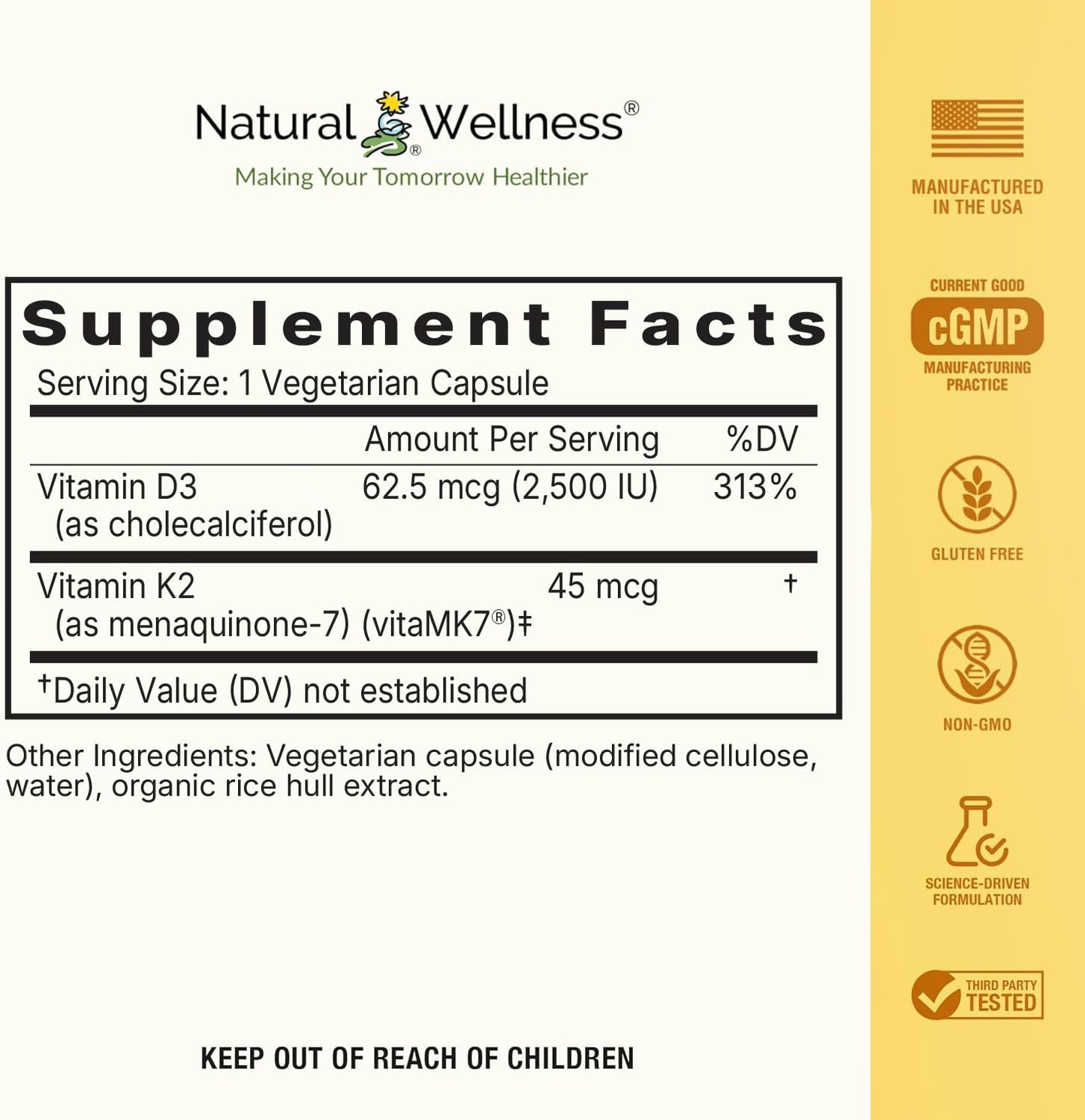 Natural Wellness Vitamin D3 + K2 High Potency Vitamin D3 2500 IU & K2 MK-7 45 mcg 120 Capsules