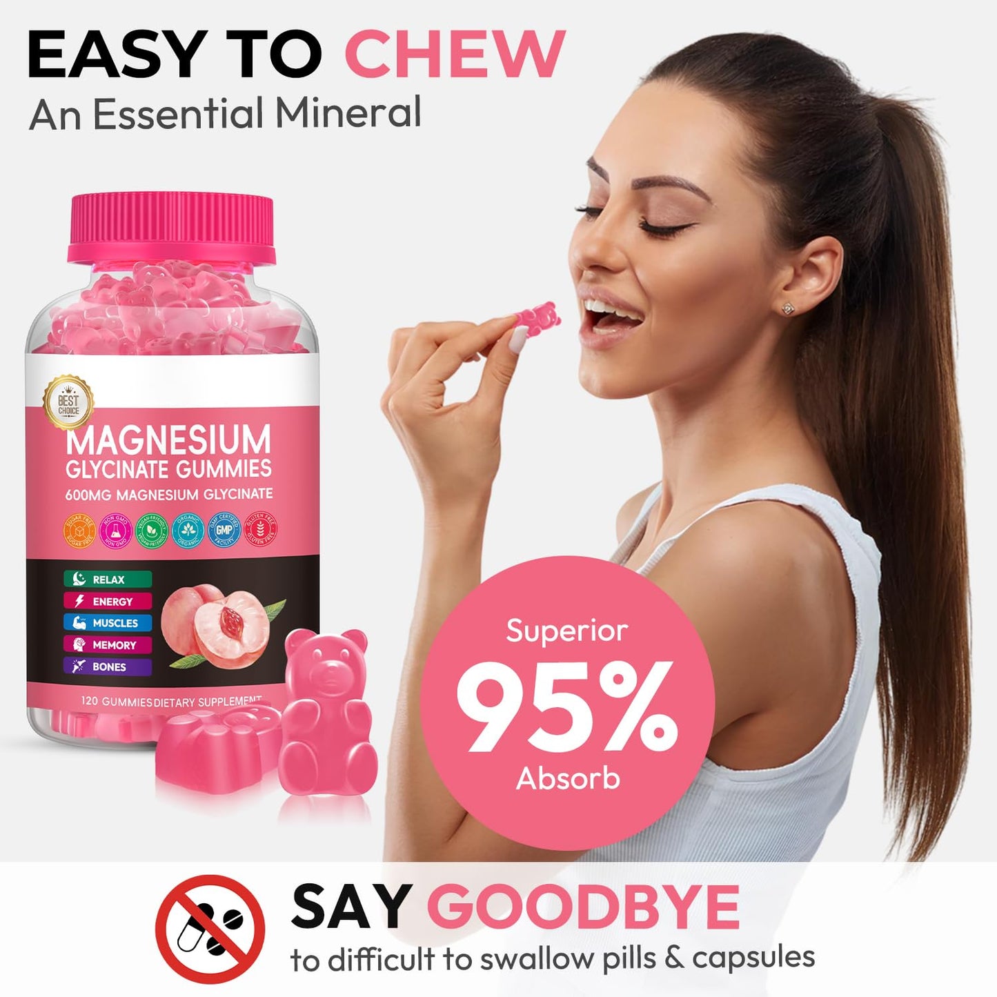 Xytora Magnesium Glycinate Gummies 600mg Advanced Magnesium Complex Peach, 120 Count