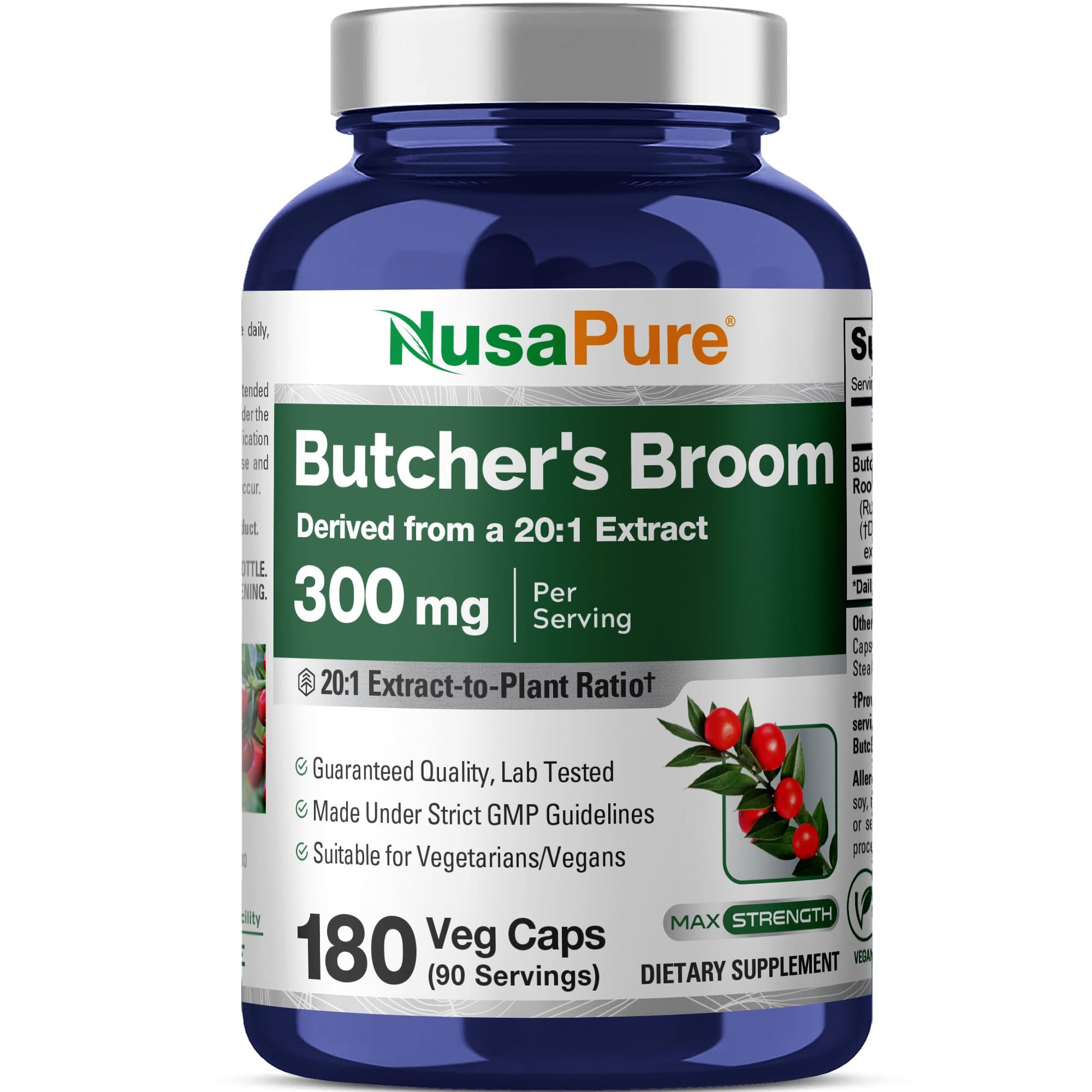 NusaPure Butcher's Broom Root 300mg Capsules, Non-GMO, Vegan, 180 Count
