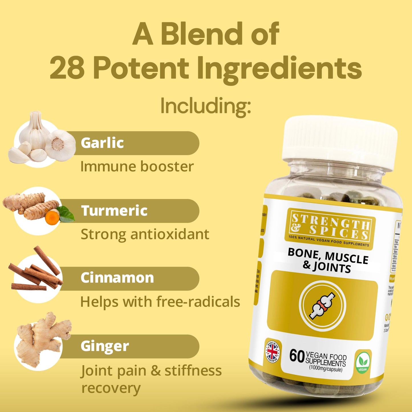 STRENGTH & SPICES Bone, Muscle & Joints 100% Natural Turmeric Supplement, 60 Capsules