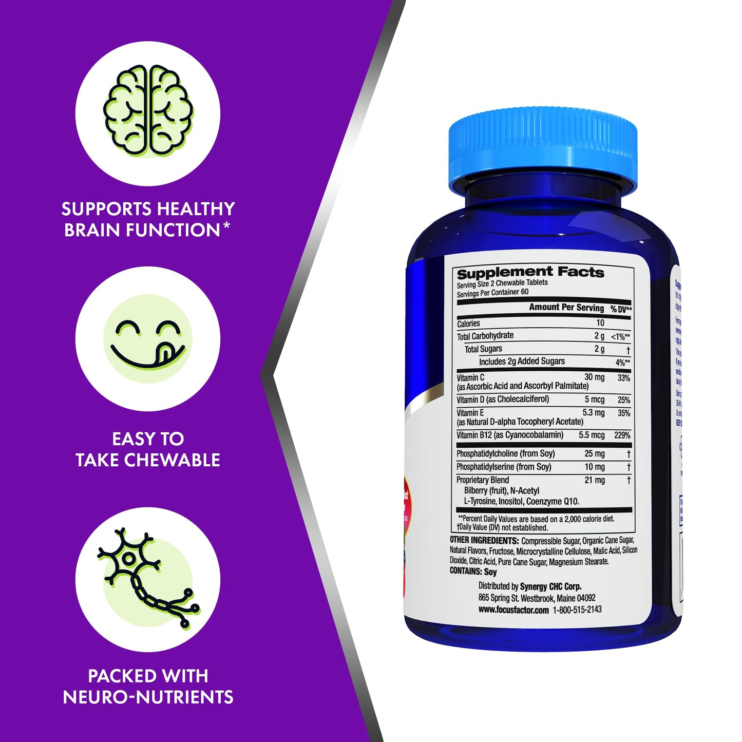 Focus Factor Kids Extra Strength Daily Chewable for Brain Health Support Tablets, 240 Tablets