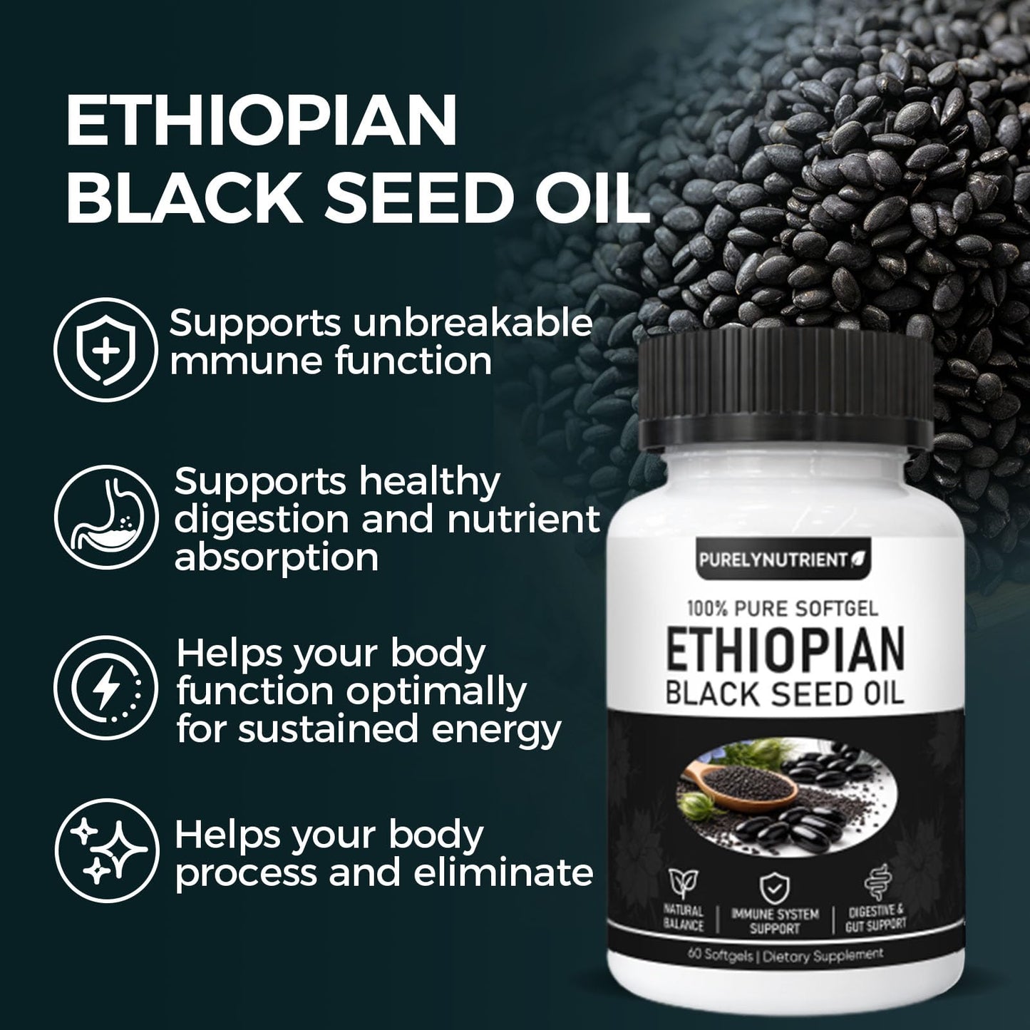 TUVAAZ PURELYNUTRIENT Ethiopian Black Seed Oil Capsule, 60 Count