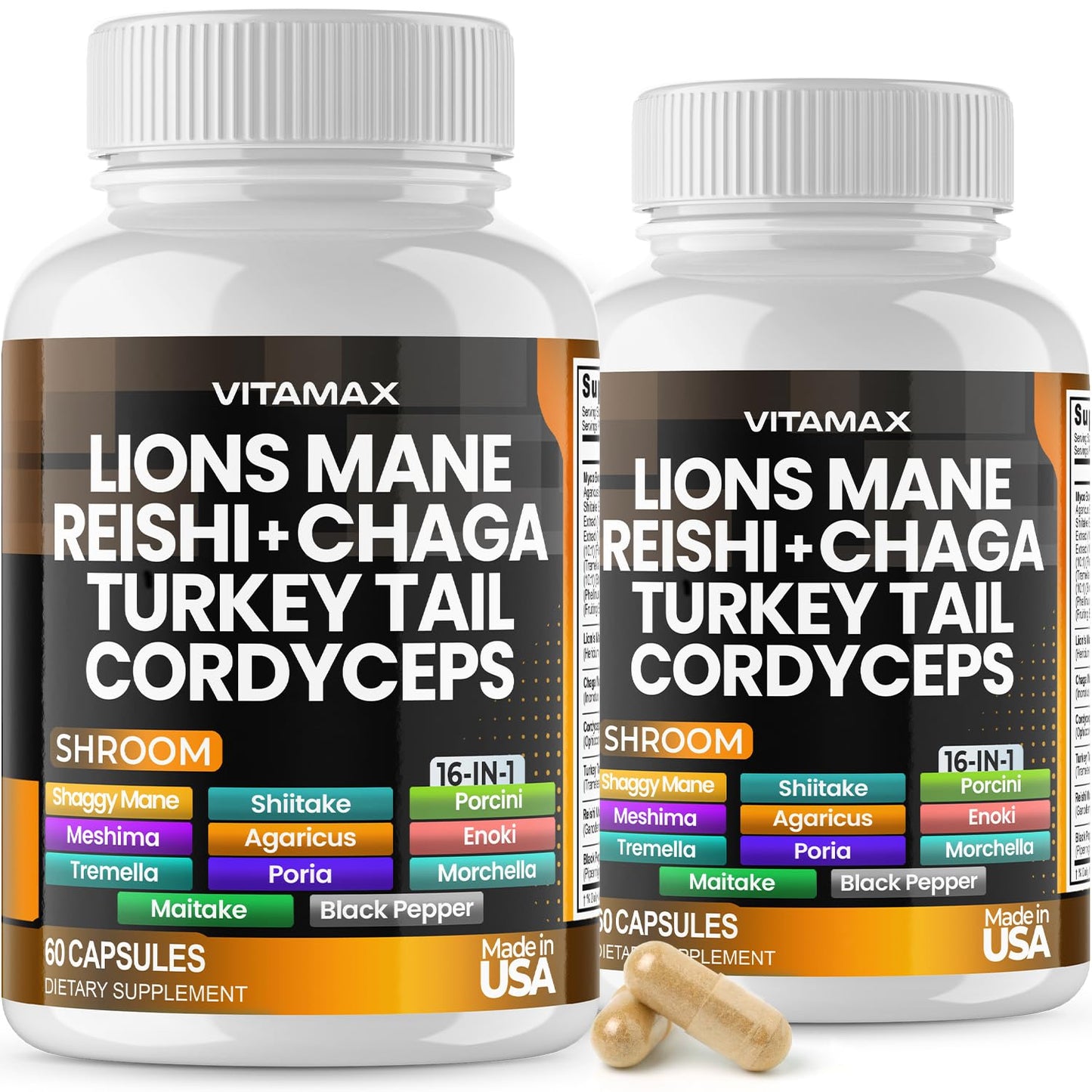 Vitamax Lions Mane Mushroom, Turkey Tail, Chaga & Reishi, Cordyceps, Shiitake, White Elm, King Trumpet, Nameko, Oyster, Porcini Focus & Energy Capsules, 120 Count