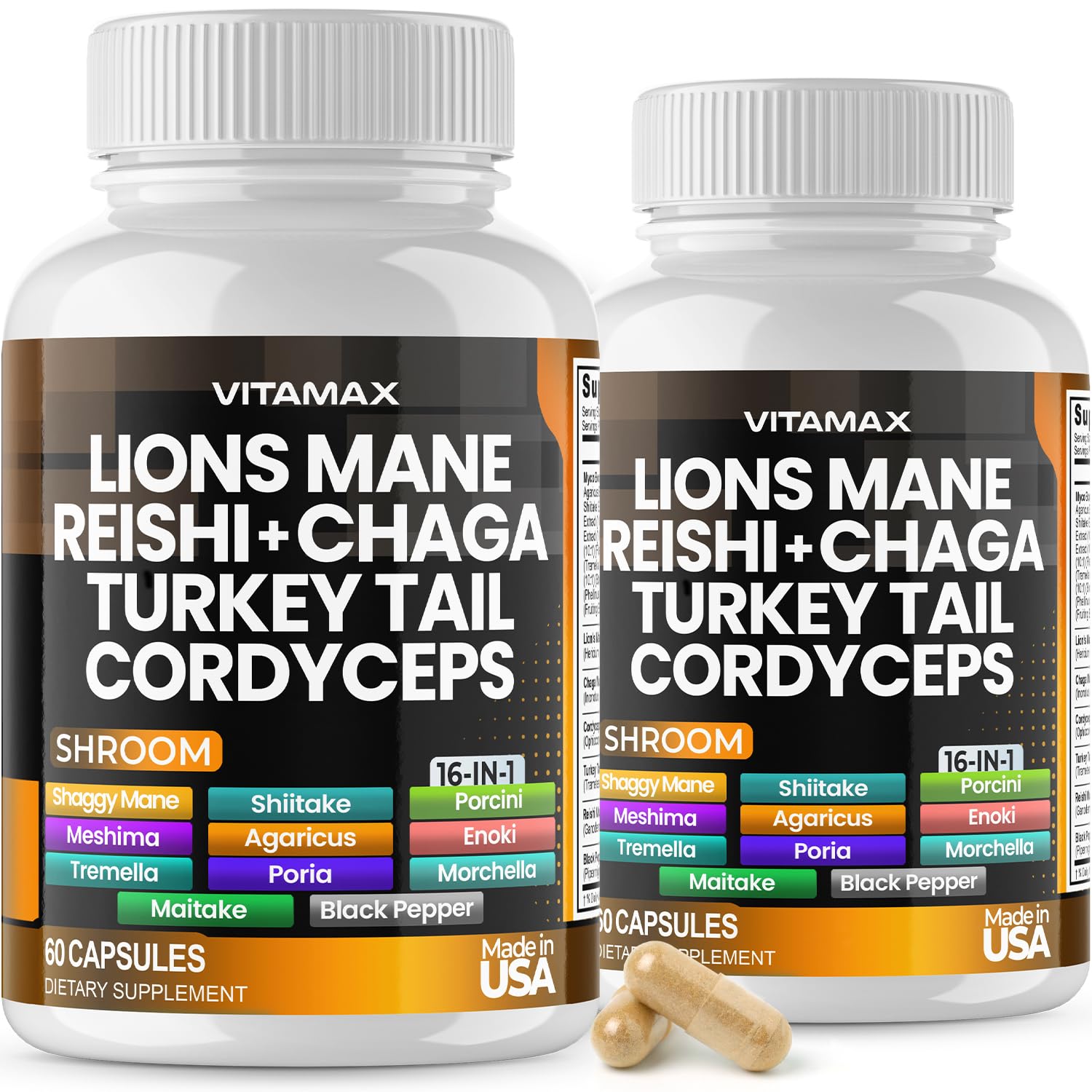 Vitamax Lions Mane Mushroom, Turkey Tail, Chaga & Reishi, Cordyceps, Shiitake, White Elm, King Trumpet, Nameko, Oyster, Porcini Focus & Energy Capsules, 120 Count