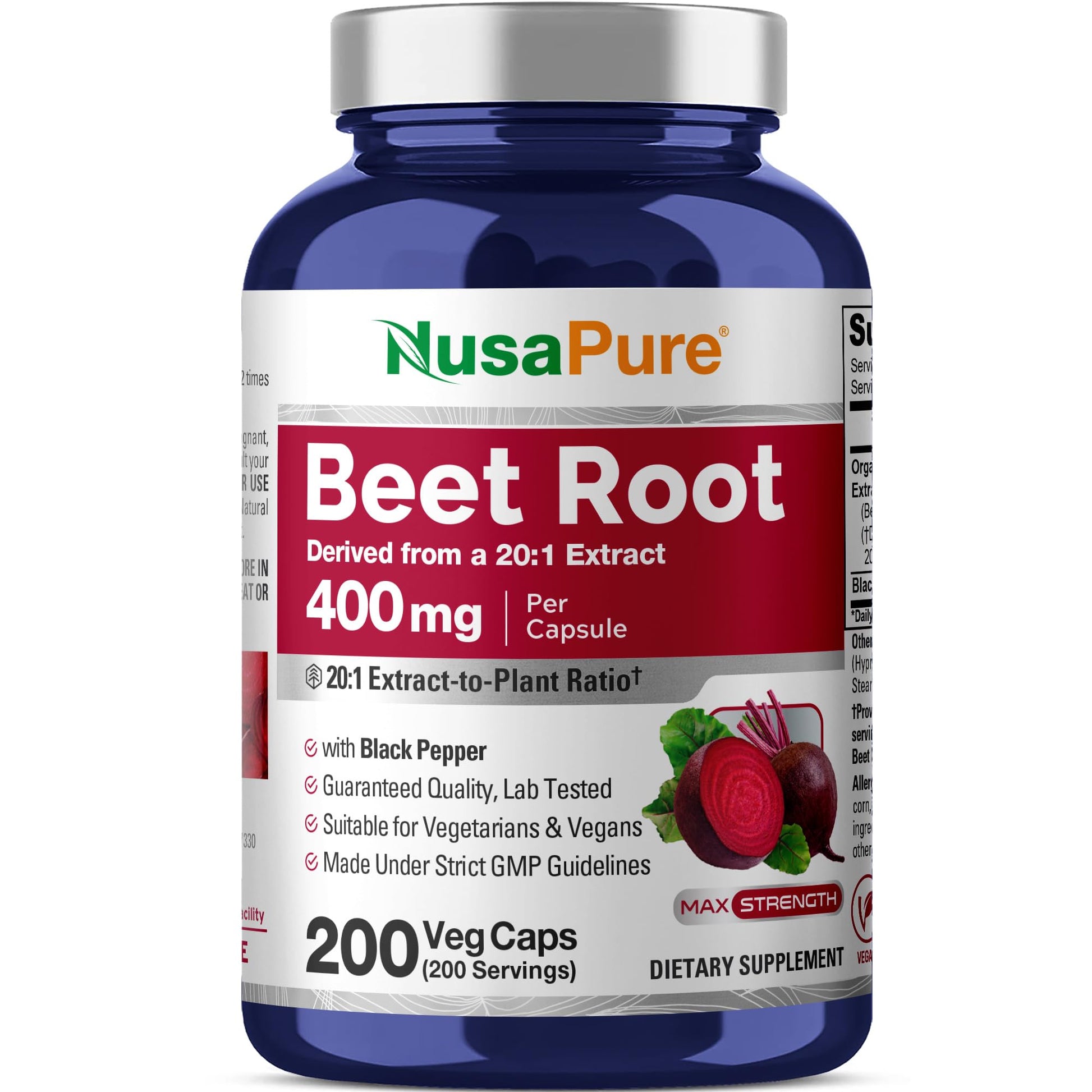 NusaPure Organic Beet Root 400mg Veg Capsules 200 Count