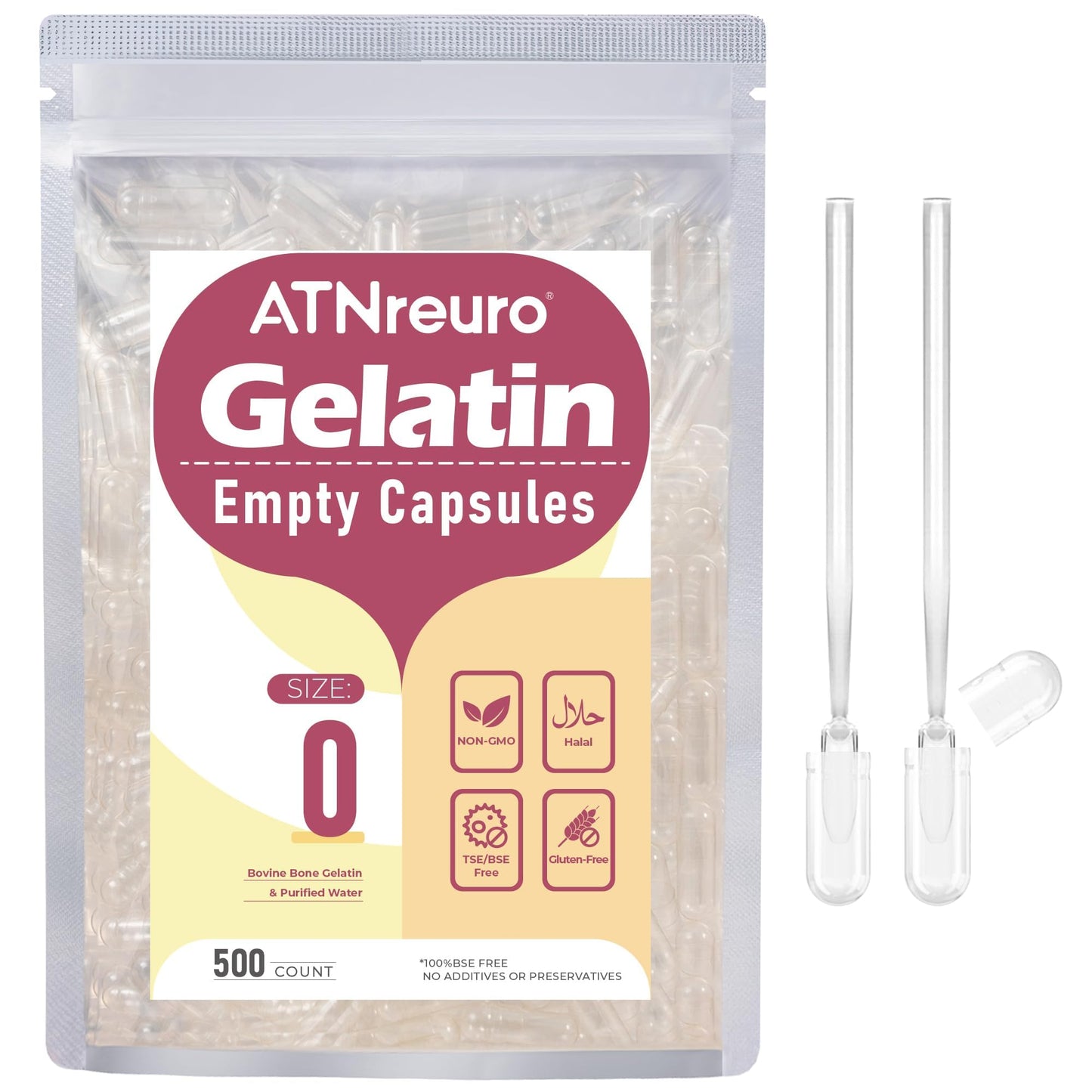 ATNreuro Size 0 Empty Gelatin Capsules with 2 Micro Spoons, Capsule, 500 Count