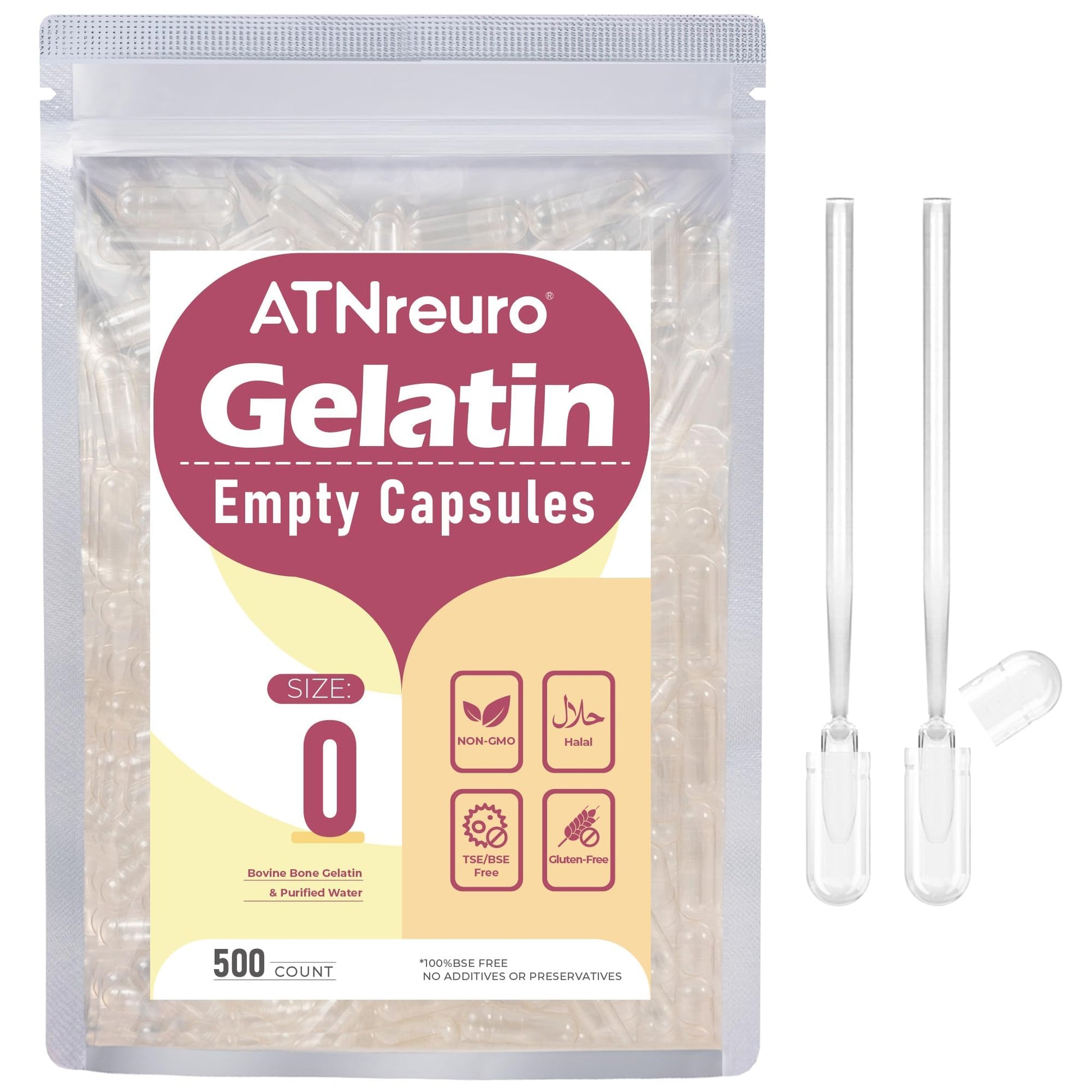 ATNreuro Size 0 Empty Gelatin Capsules with 2 Micro Spoons, Capsule, 500 Count