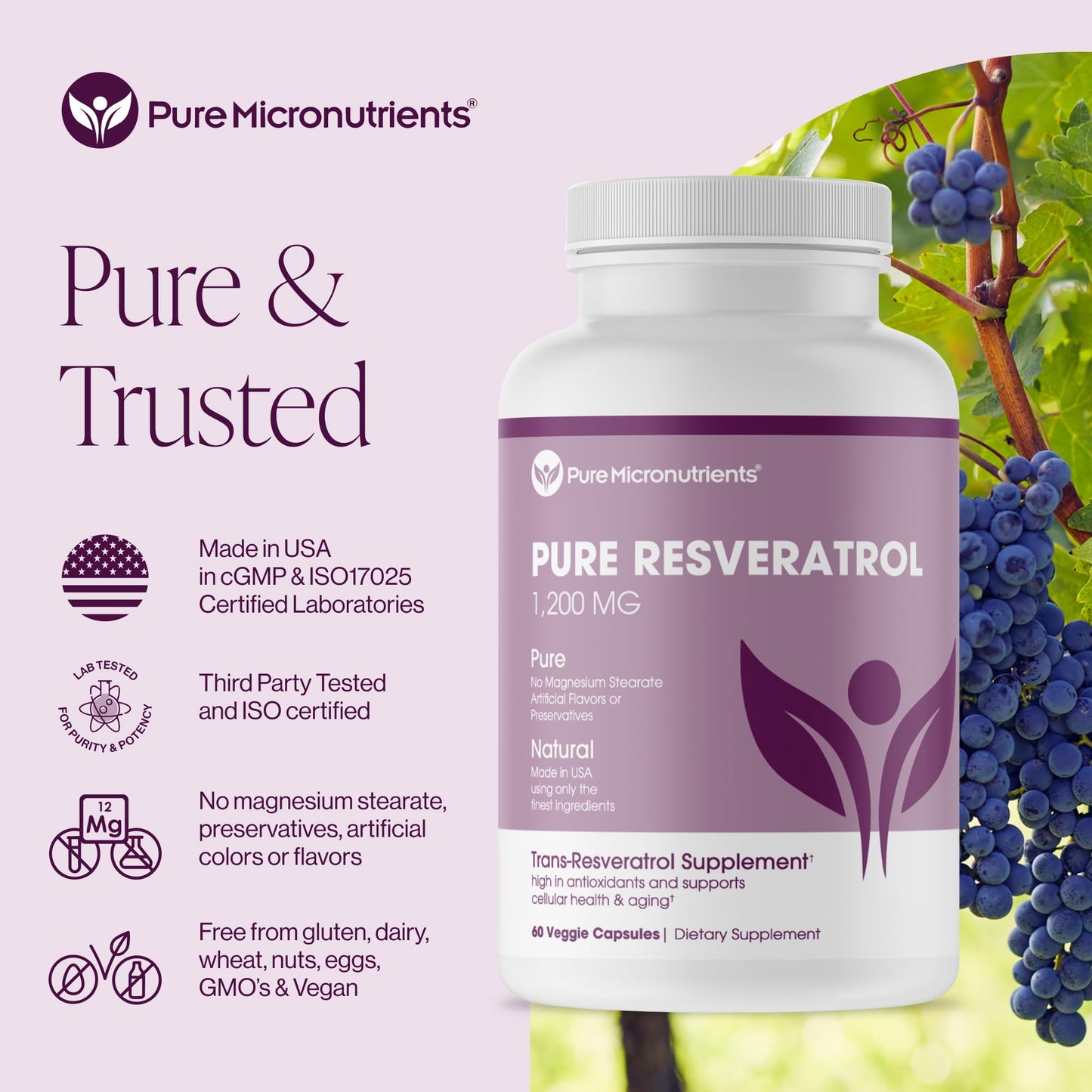Pure Micronutrients Resveratrol 600mg Extra Strength Trans-Resveratrol Capsule, 60 Capsules