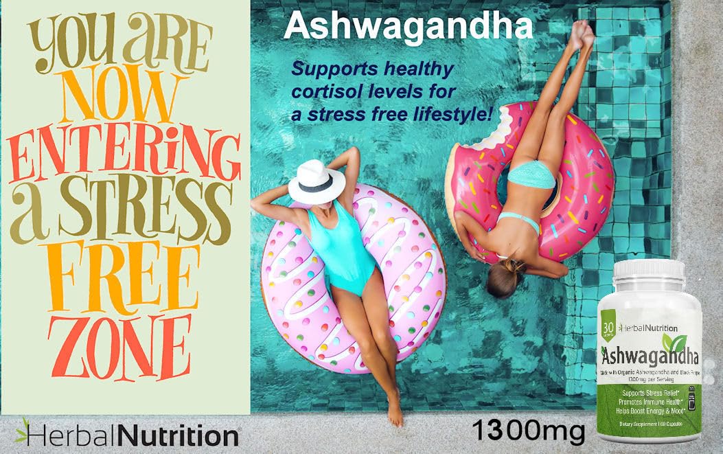 Herbal Nutrition Ashwagandha 1300mg Stress & Mood Support Supplement, 120 Capsules