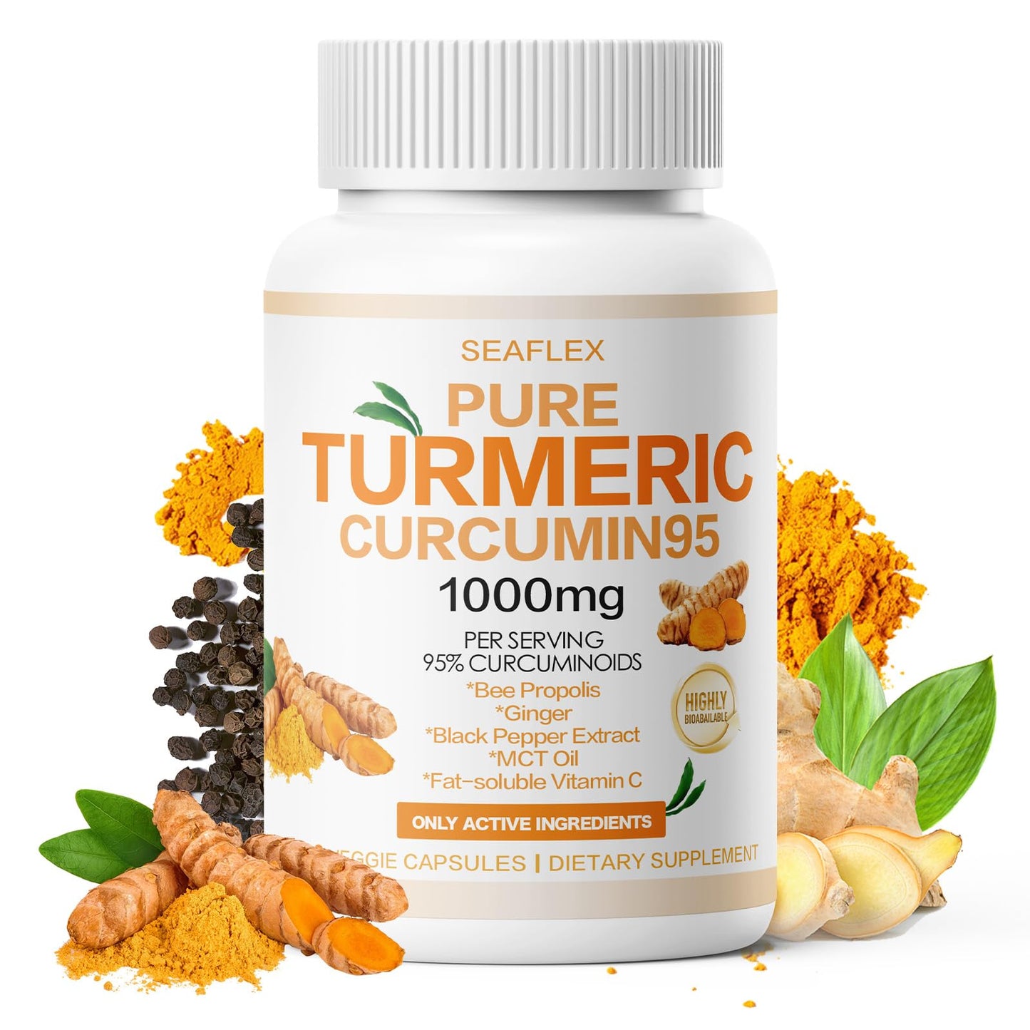 SEAFLEX Turmeric Curcumin 95 1000mg, 95% Curcuminoids Complex with Bee Propolis & BioPerine, High Potency Joint & Antioxidant Support Supplement 120 Capsules