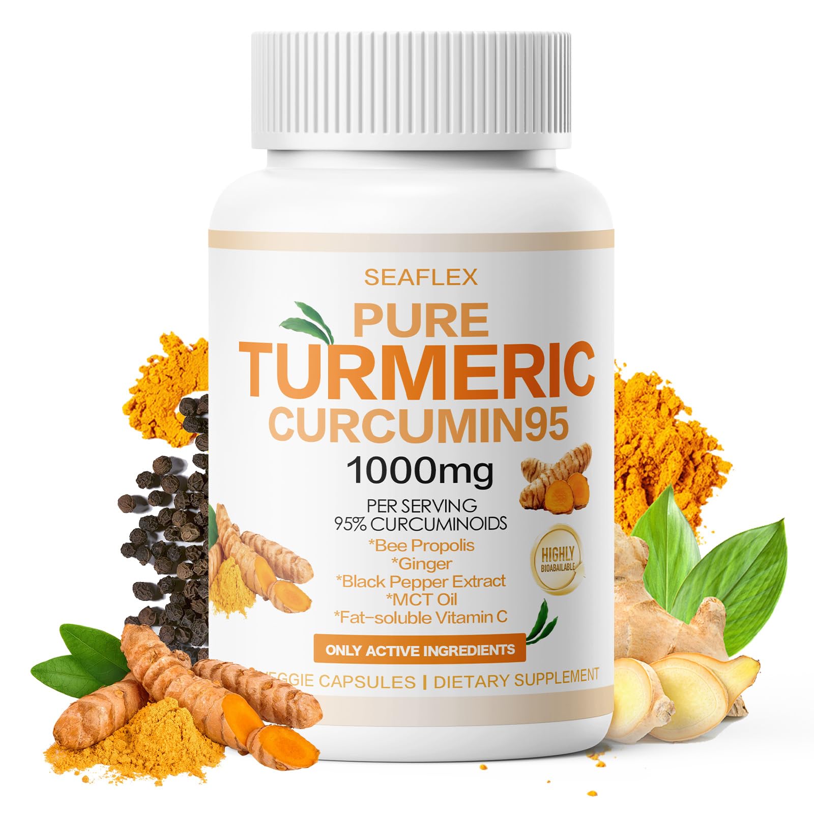 SEAFLEX Turmeric Curcumin 95 1000mg, 95% Curcuminoids Complex with Bee Propolis & BioPerine, High Potency Joint & Antioxidant Support Supplement 120 Capsules