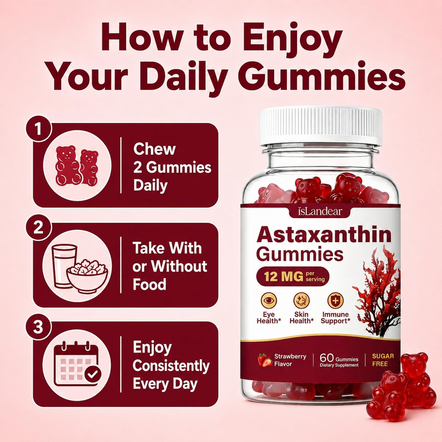 isLandear Astaxanthin Gummies 24mg Max with 12mg Per Gummy, 60 Count