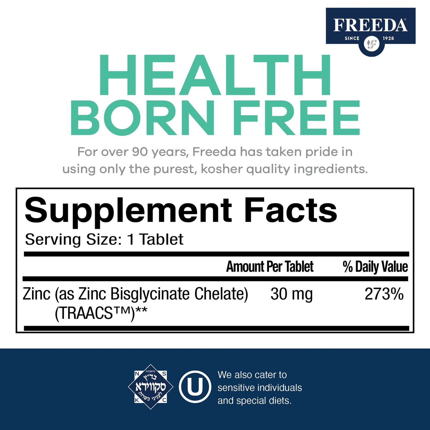 FREEDA Chelated Zinc 30mg TRAACS Zinc Bisglycinate, 250 Tablets