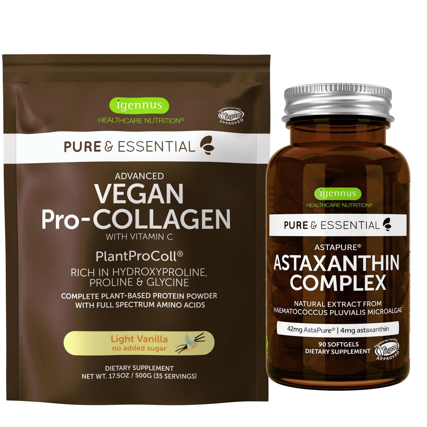 Igennus Healthcare Nutrition Vegan Vanilla Collagen Protein Powder + Astaxanthin Complex, 2-Pack