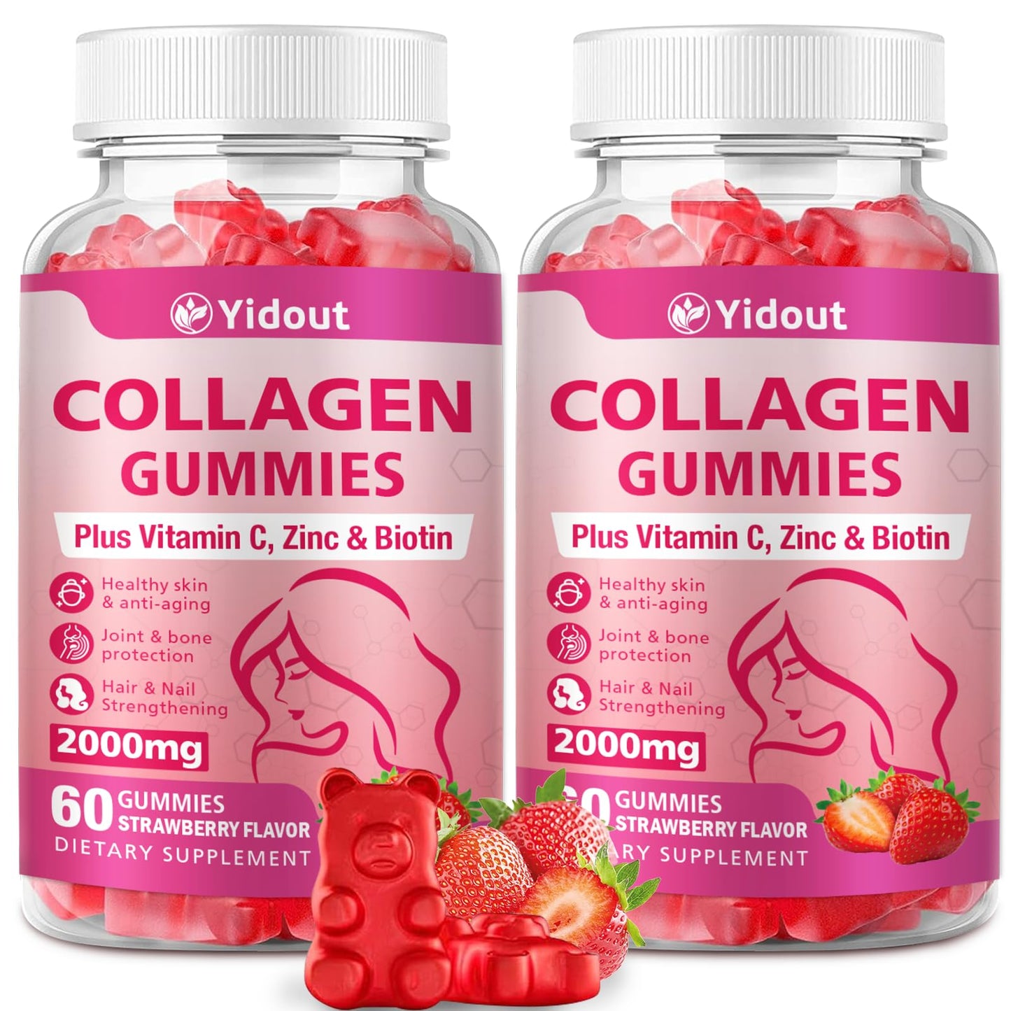 Yidout Collagen Gummies with Vitamin C and Biotin, 200mg Collagen Peptides, Hair Skin & Nails Support, Strawberry Flavor, 120 Gummies