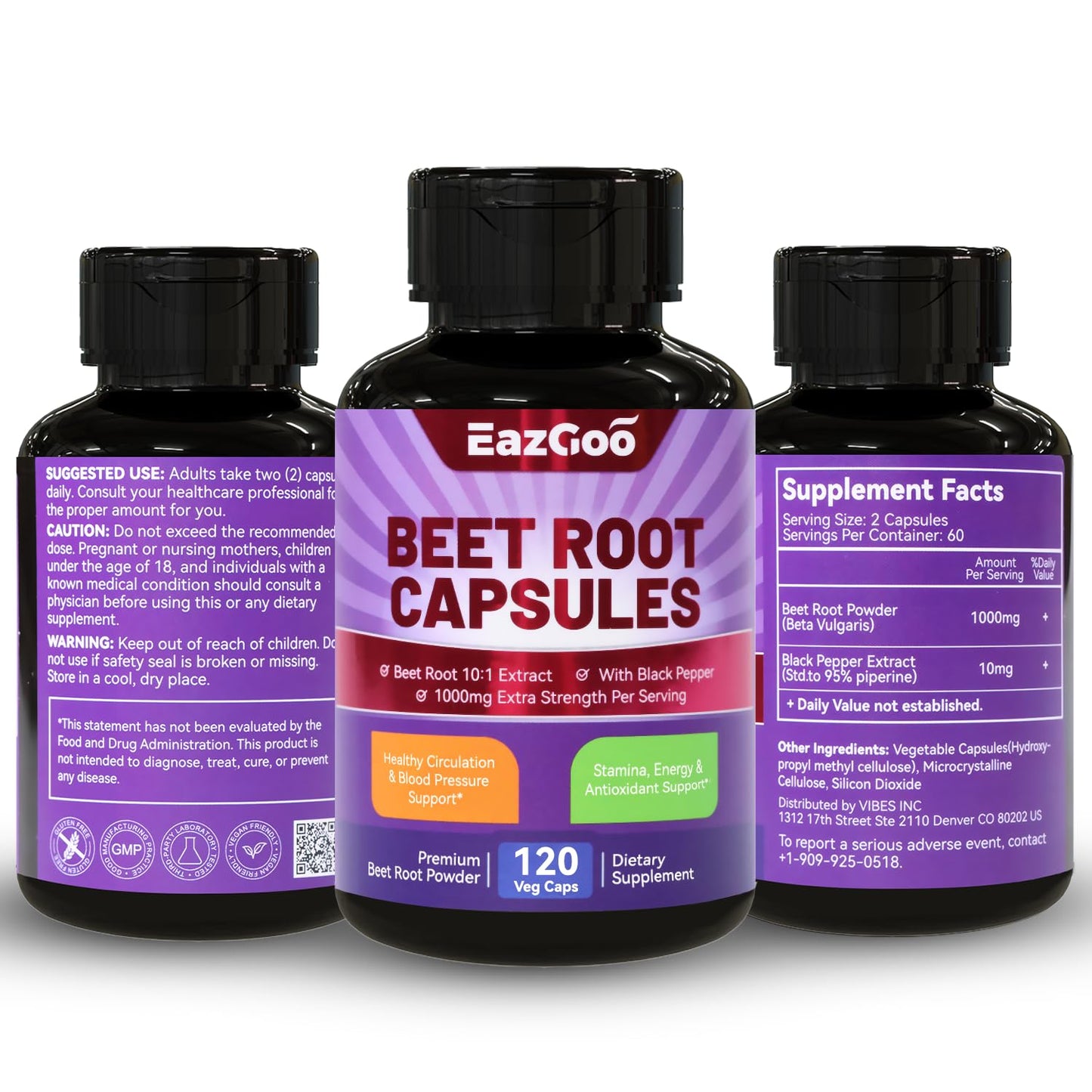 EAZGOO Beet Root Capsules 1000mg Per Serving, Supports Nitric Oxide Production & Blood Pressure, with Black Pepper Extract, Non-GMO, Gluten Free, Vegan, 120 Capsules